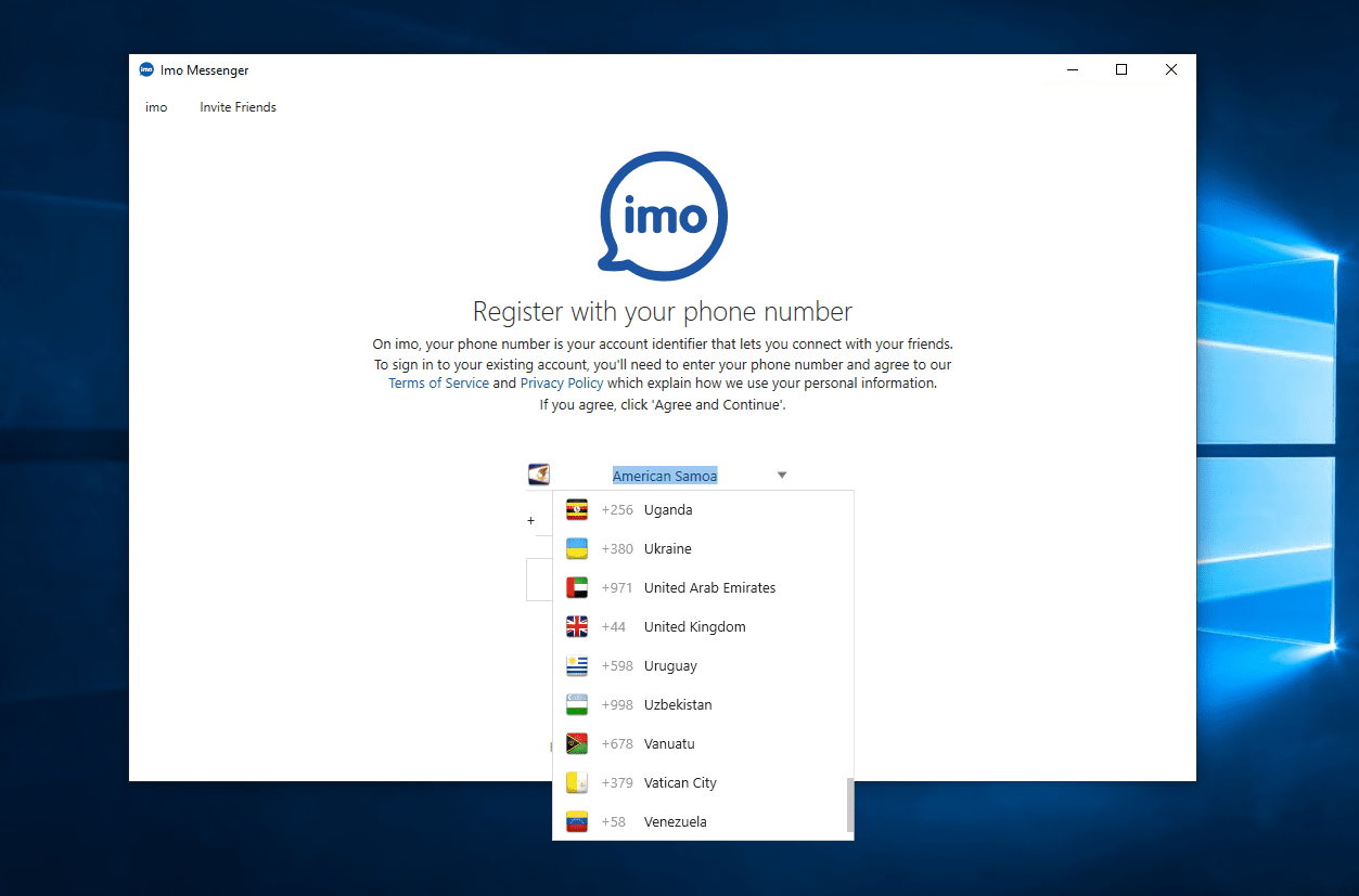 Экран регистрации для Imo на Windows.