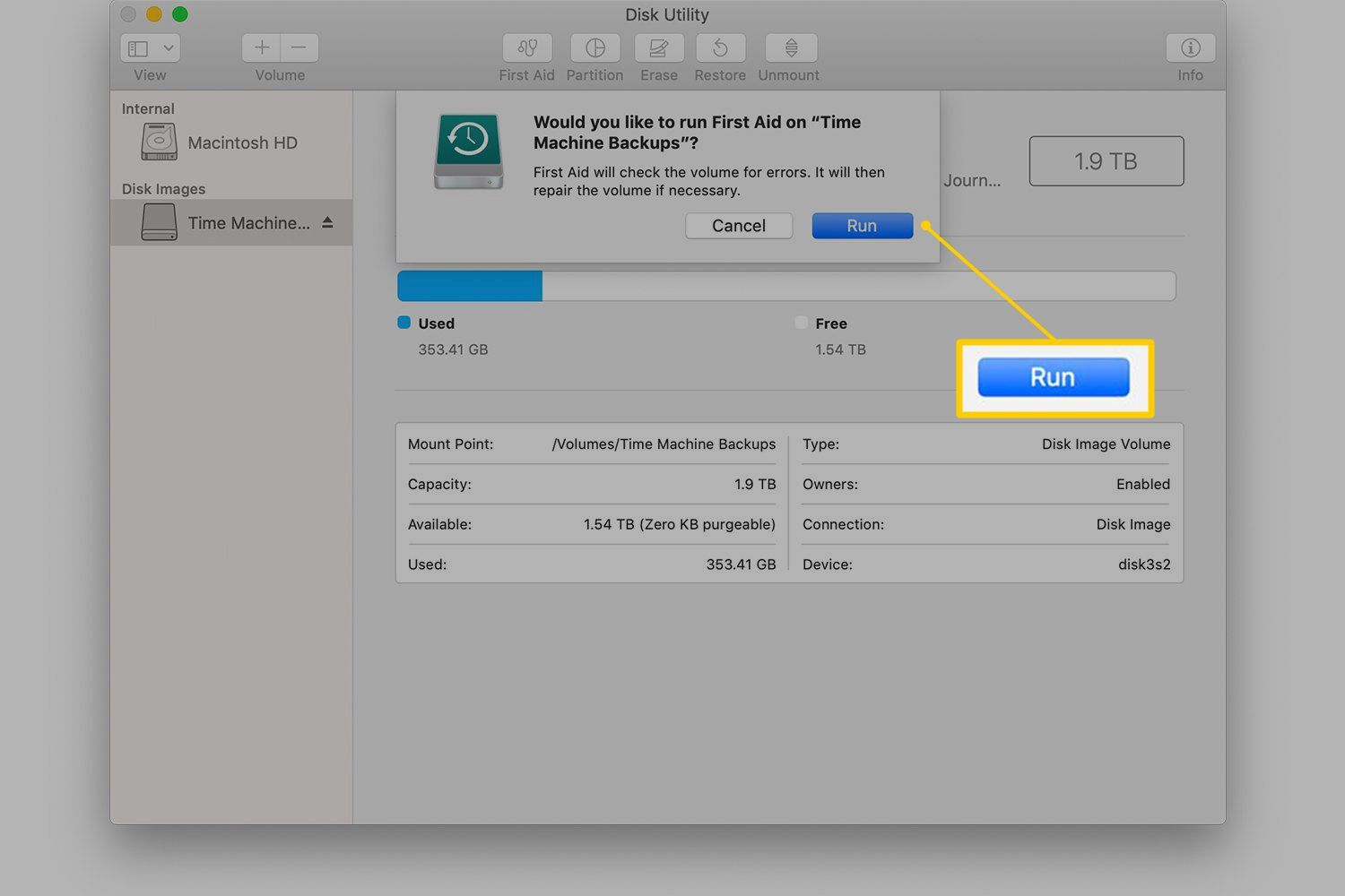 Кнопка запуска для первой помощи Дисковой утилиты в macOS