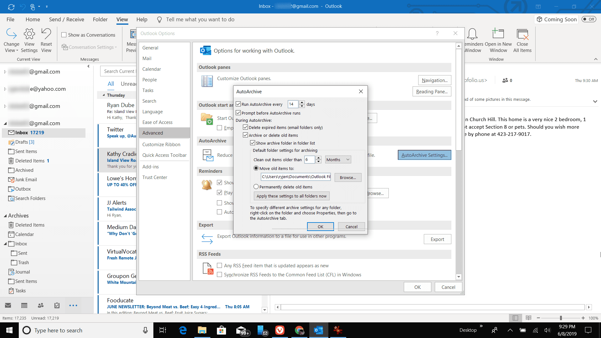 Снимок экрана настроек автоархивации в Outlook
