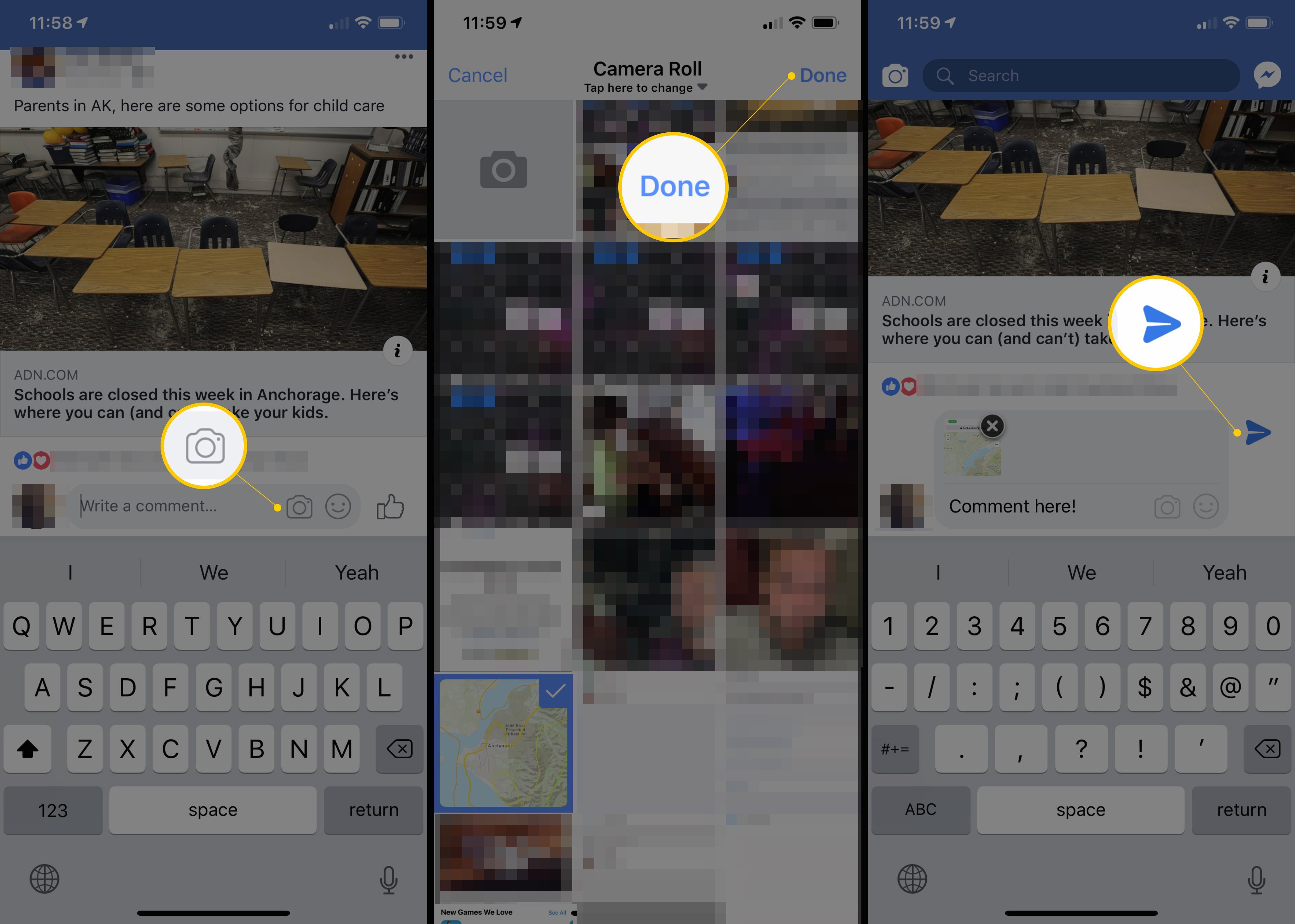 Три экрана Facebook на iOS с изображением камеры, кнопки «Готово» и кнопки «Отправить»