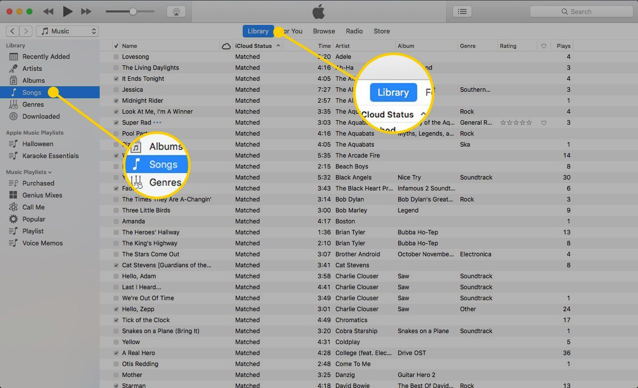 iTunes открывается на Mac с выделенными заголовками «Библиотека» и «Песни»