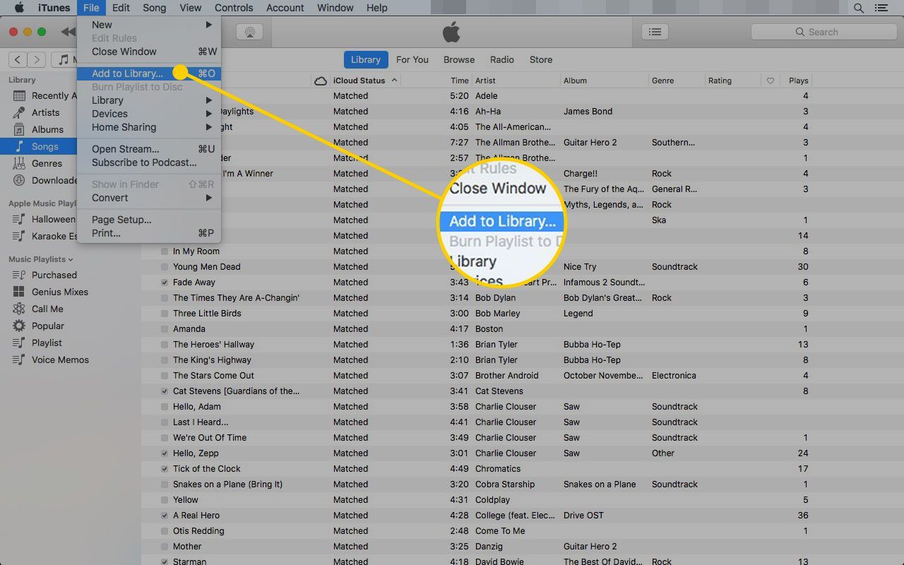 iTunes на Mac с открытой опцией «Добавить в библиотеку» в меню «Файл»