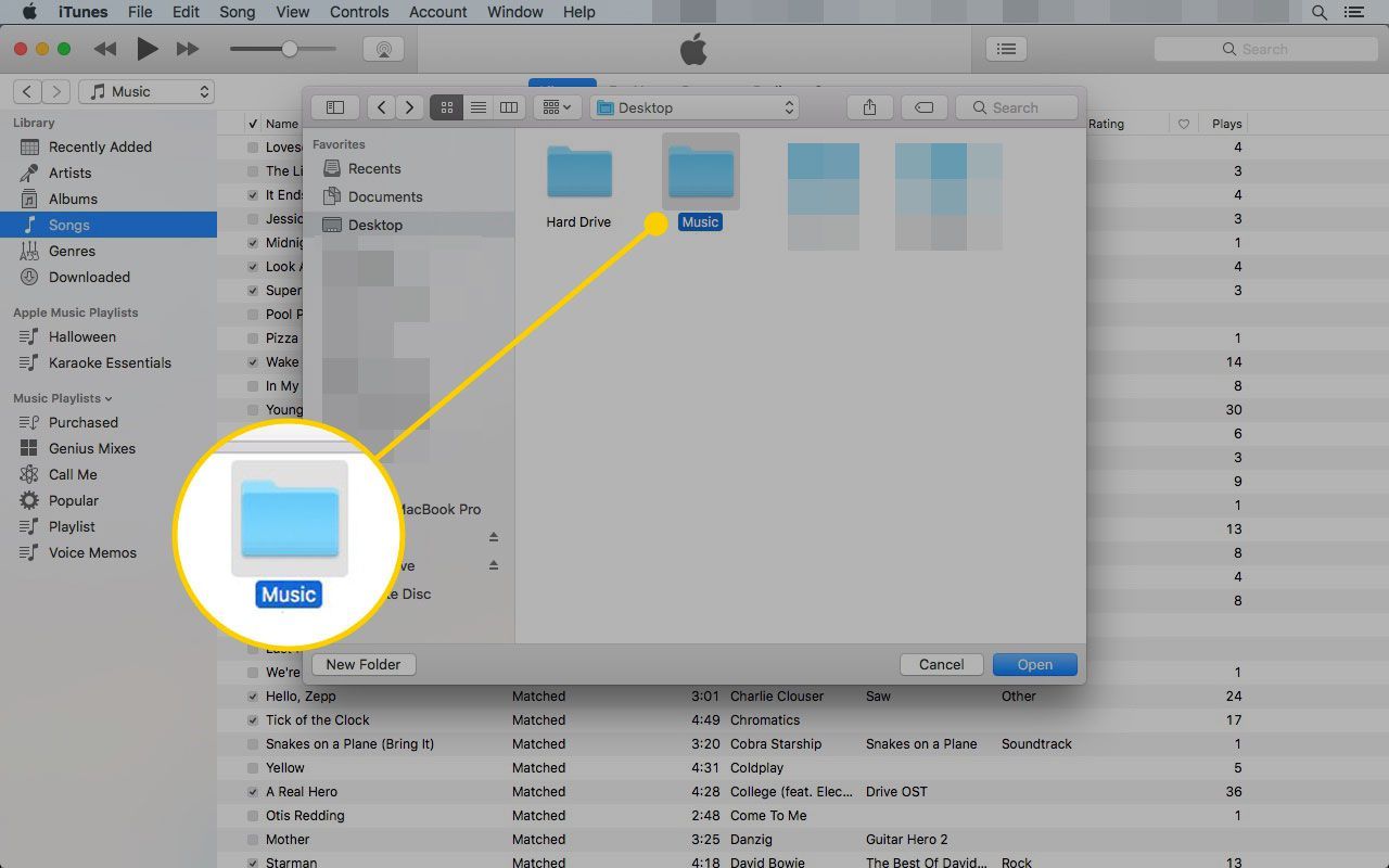 Выбор музыкальной папки для импорта в iTunes на Mac