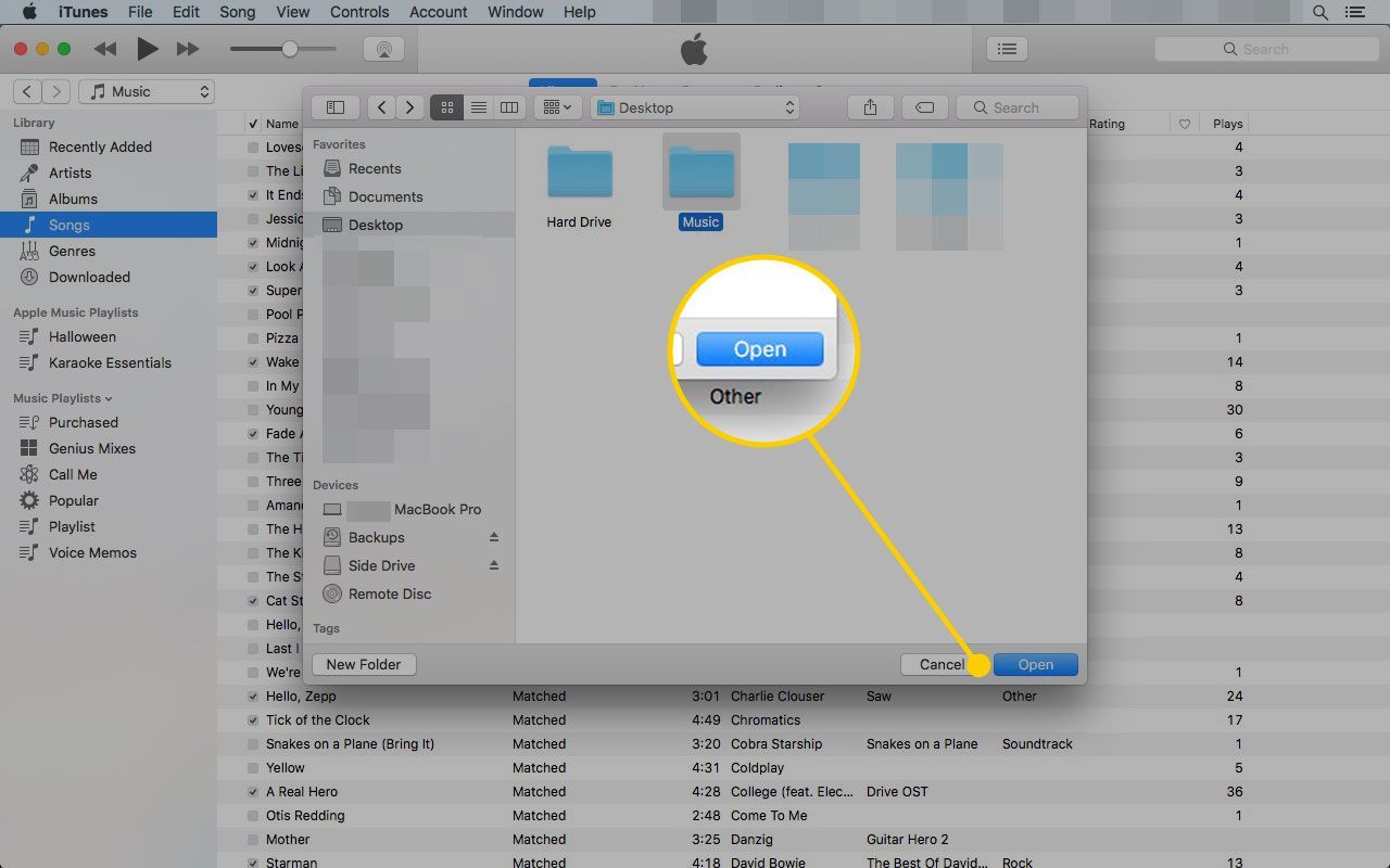 Кнопка «Открыть», выделенная в iTunes на Mac