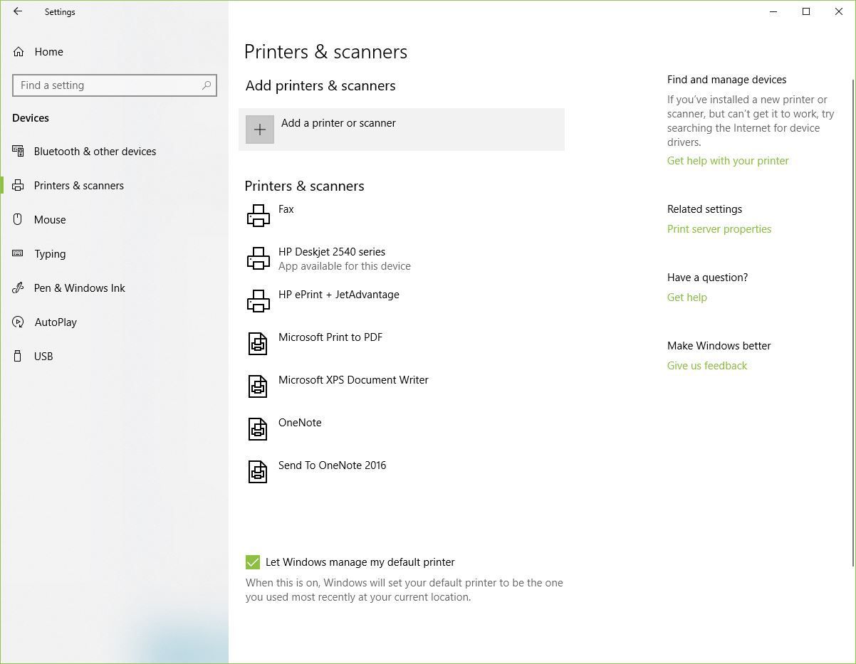 Снимок экрана: принтеры и сканеры в Windows 10