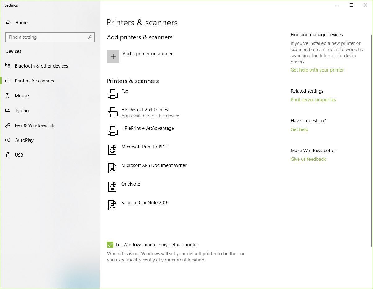 Снимок экрана: принтеры и сканеры Windows 10