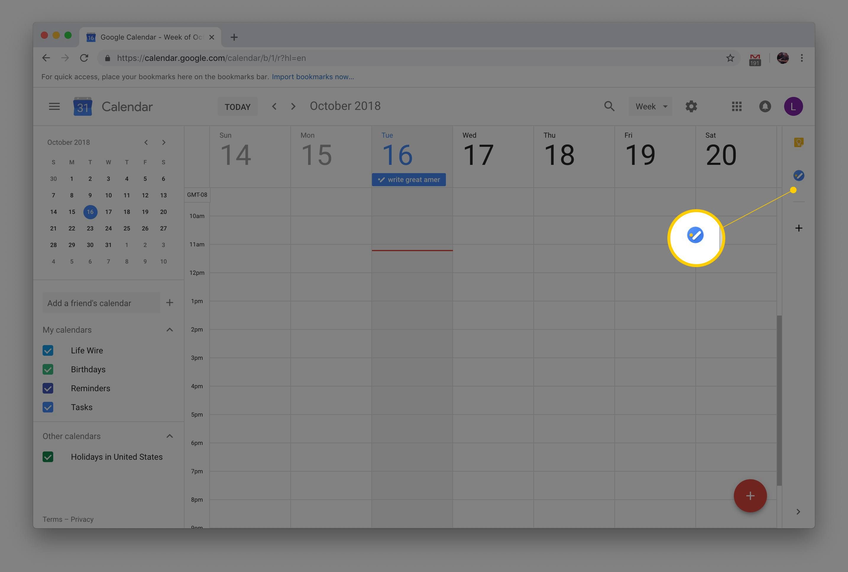 Кнопка Задачи в Календаре Google на MacOS-версии Chrome