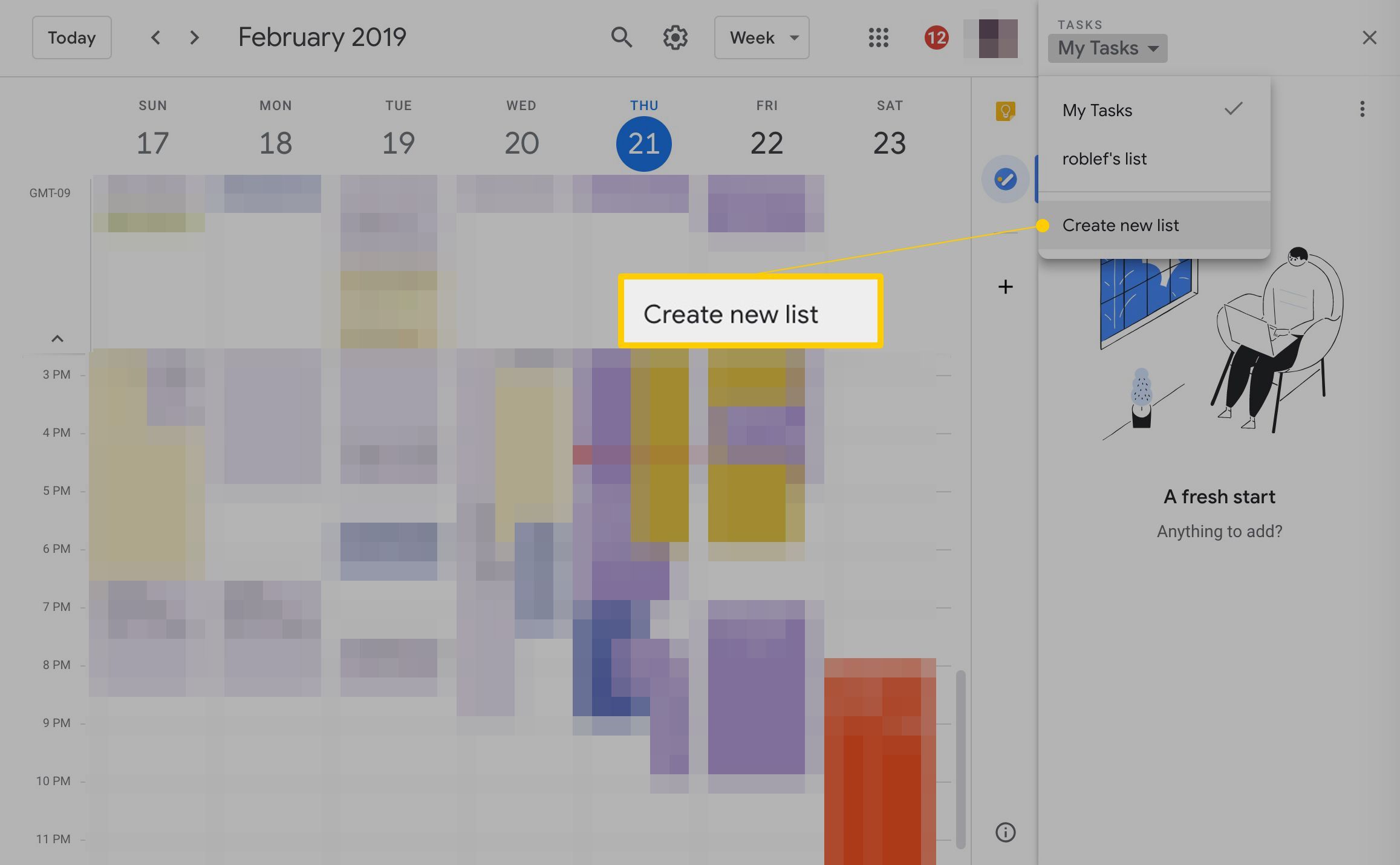 Создать новый пункт меню в Google Tasks через Календарь Google