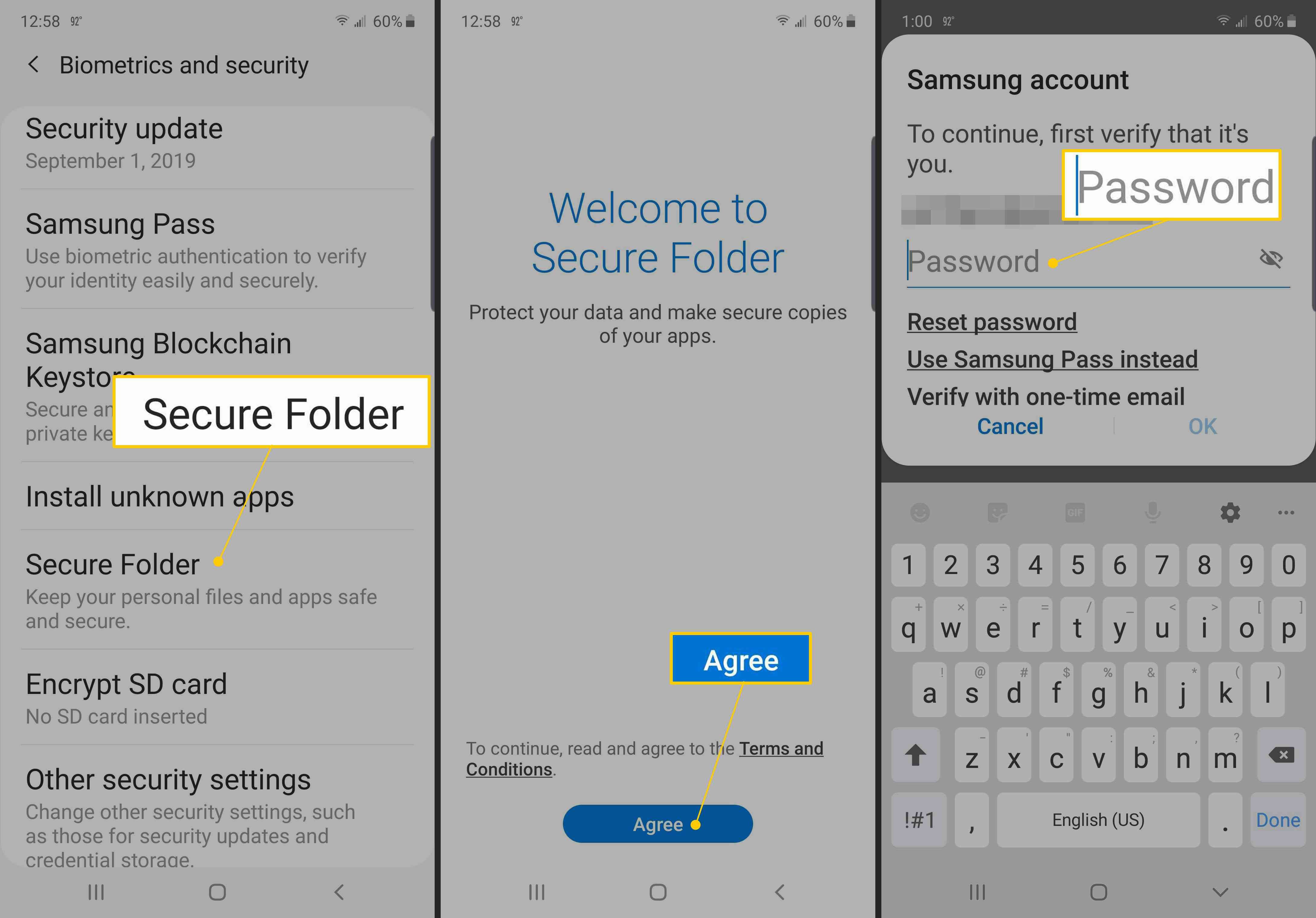 Безопасная папка, согласен, пароль для учетной записи Samsung