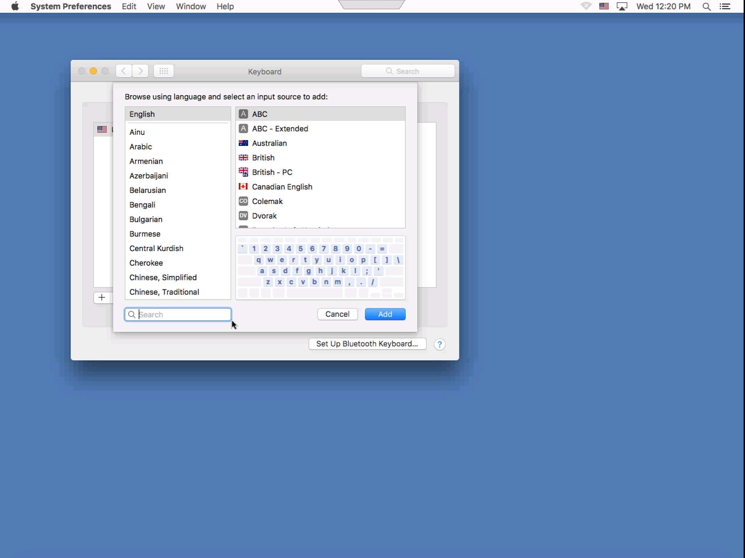 Скриншот macOS: список доступных языков клавиатуры и окно поиска.