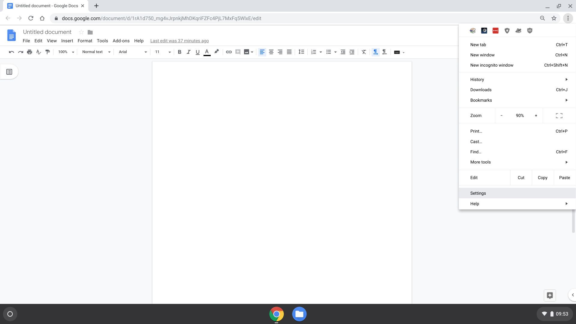 Снимок экрана: меню Chrome OS с выбранными настройками (вверху справа)
