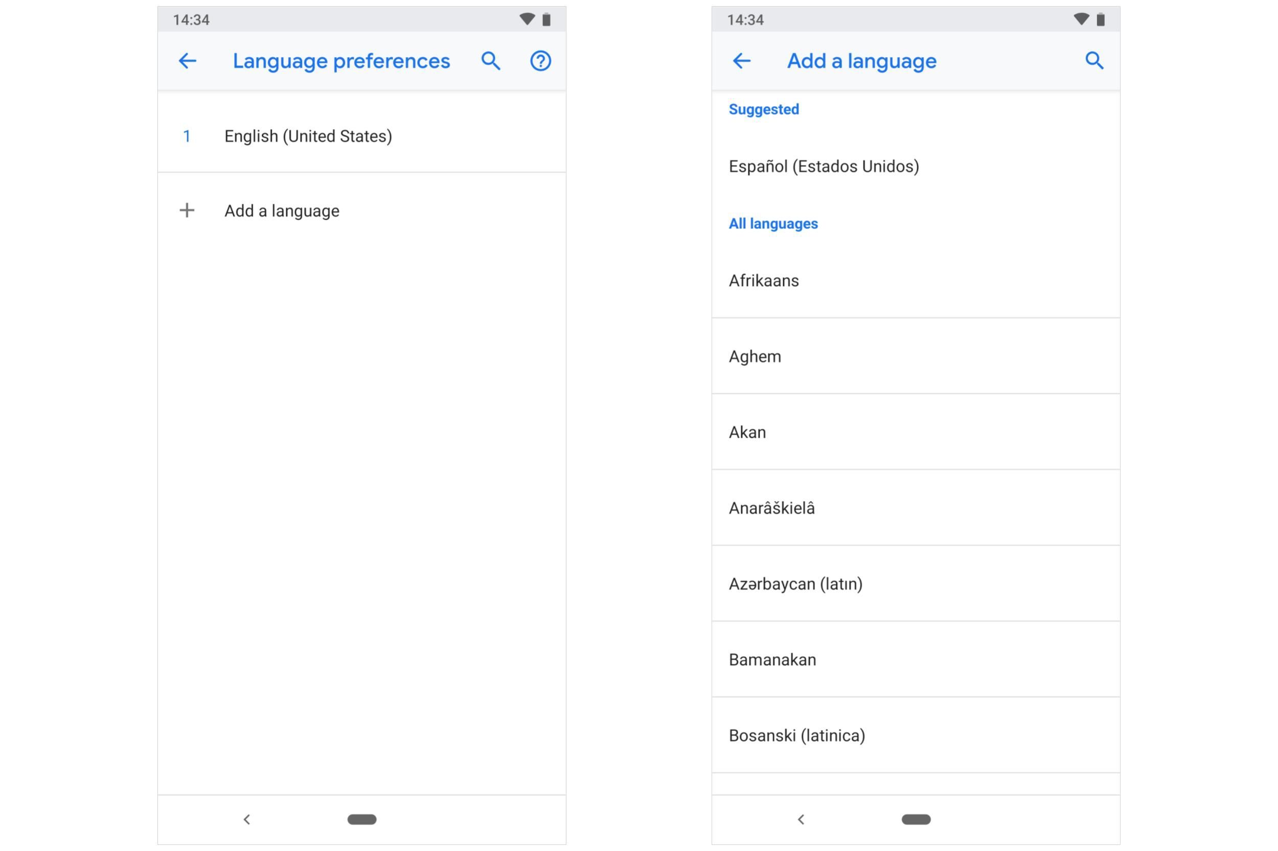 Два скриншота: (слева) Языковые настройки, Добавить язык, (справа) Список языков