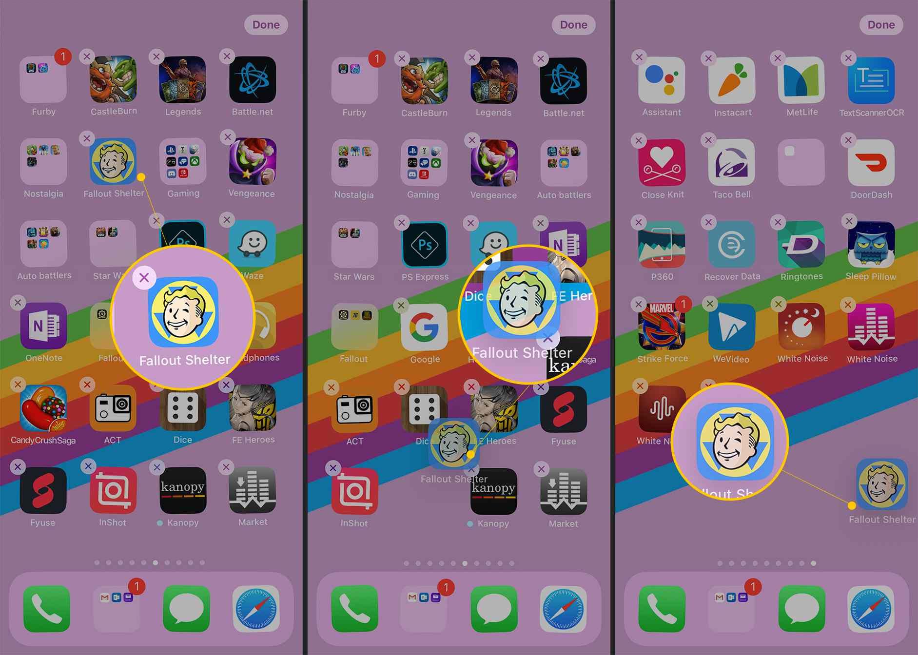 Три экрана iOS, показывающие перемещение приложения Fallout Shelter с одного экрана на другой