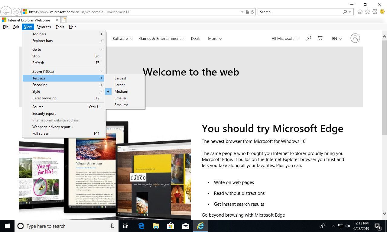 Установите размер текста в Internet Explorer через меню просмотра