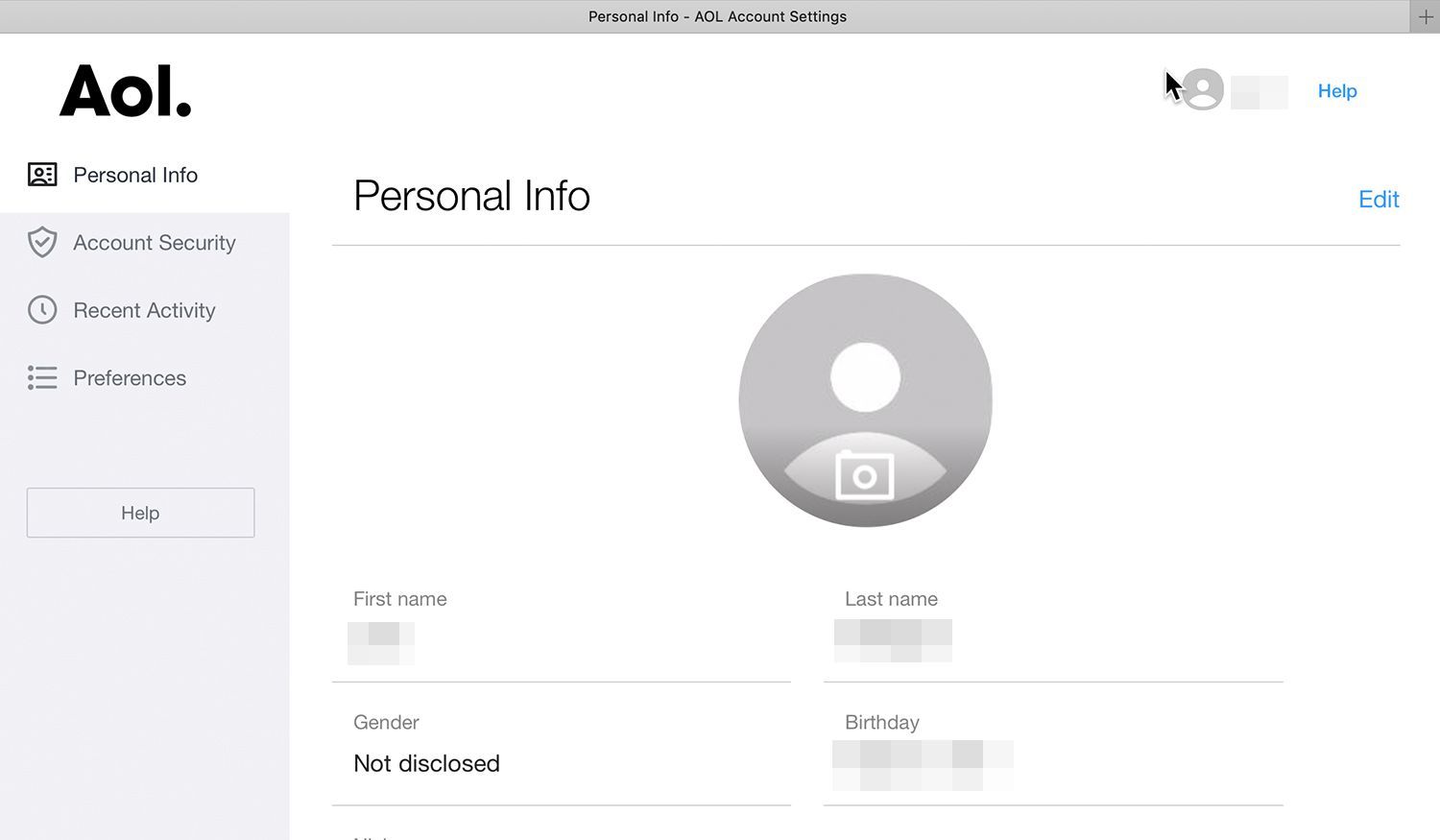 Экран информации об учетной записи AOL