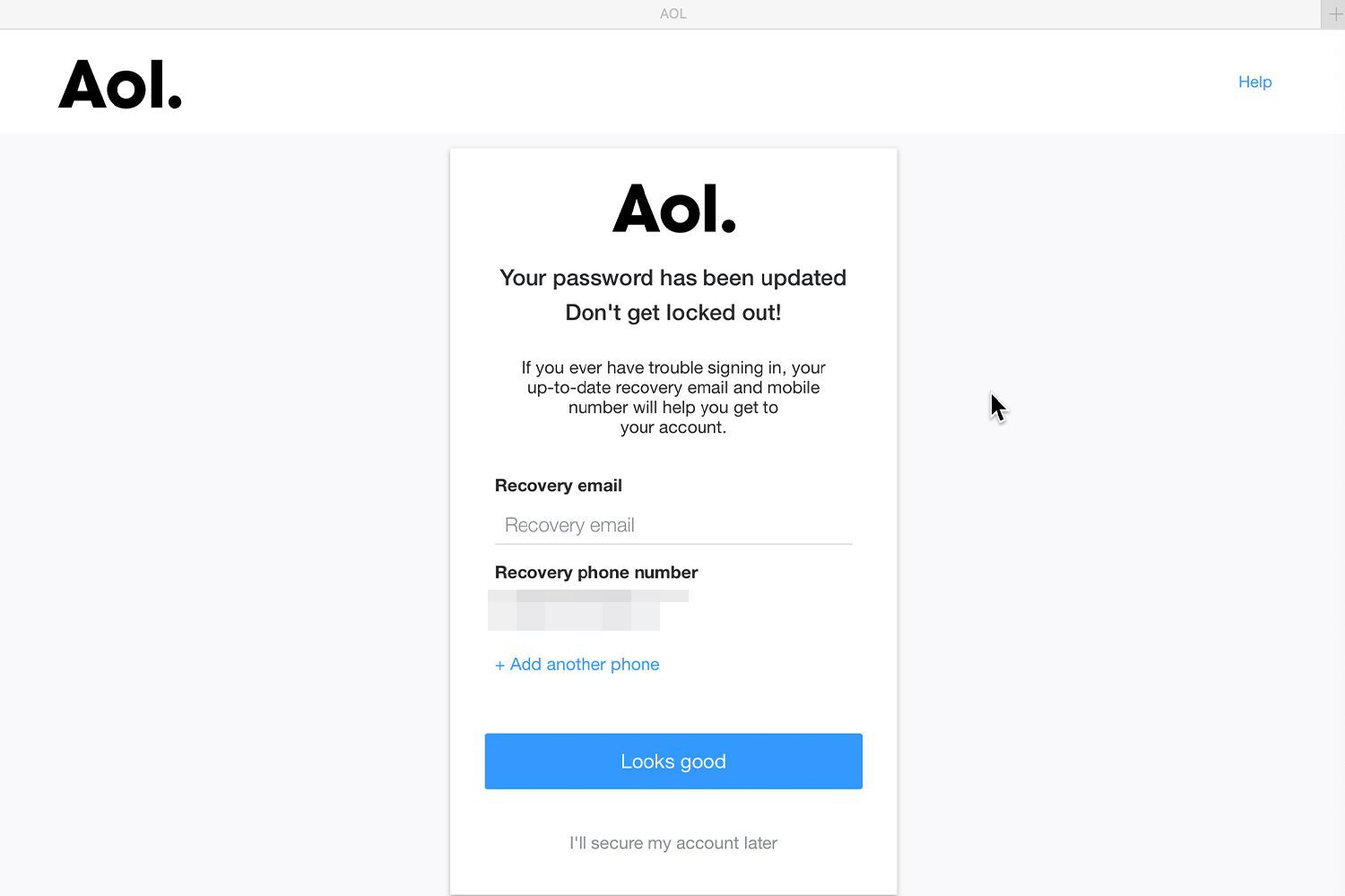 Экран подтверждения смены пароля AOL