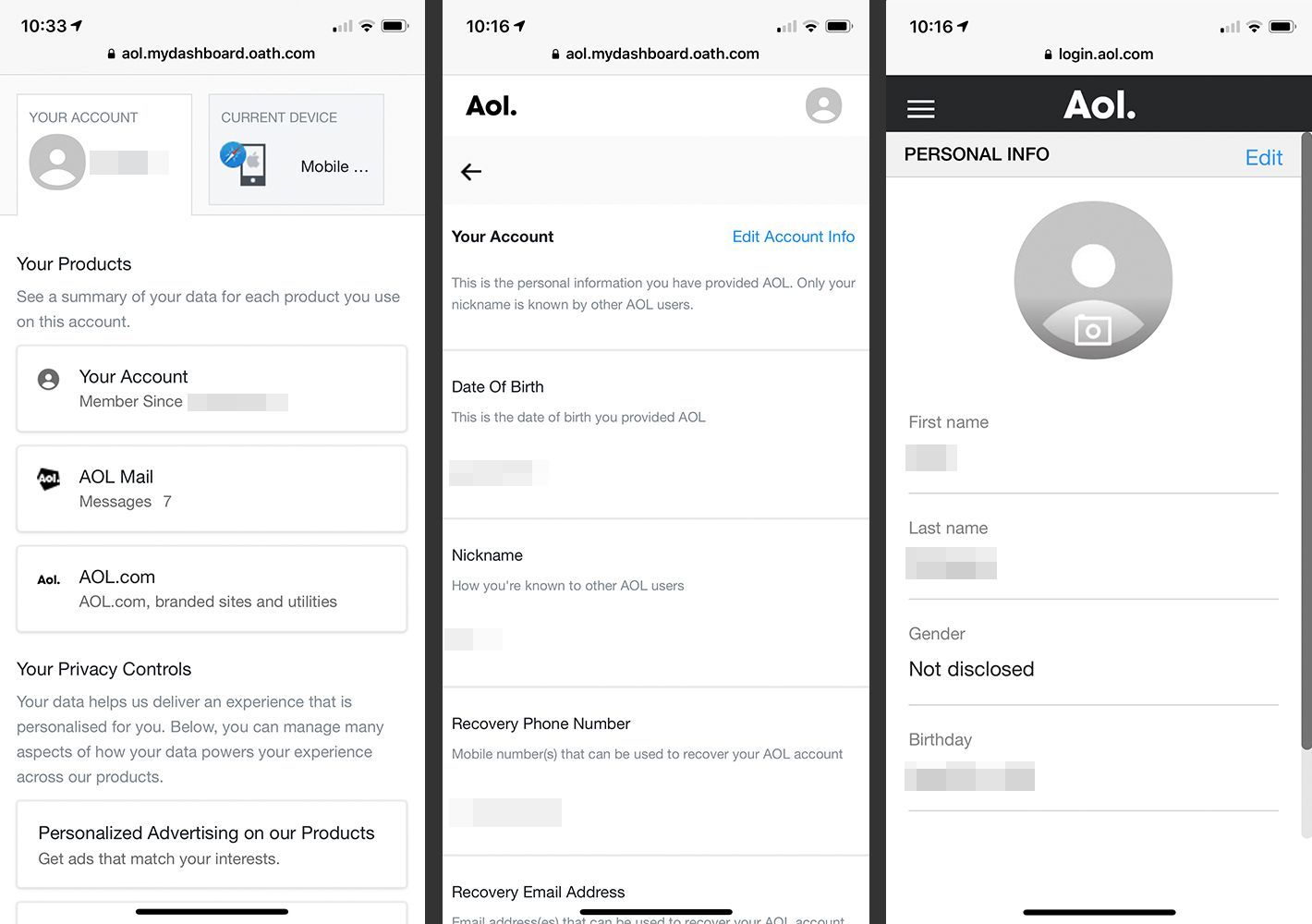 Экраны приложения AOL, показывающие путь к личной информации в iOS