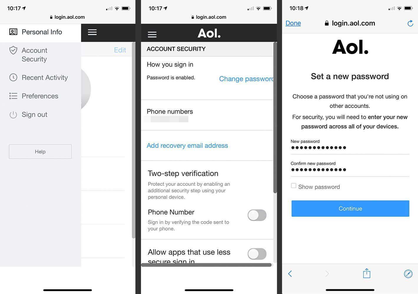 Изменение пароля AOL в мобильном приложении iOS