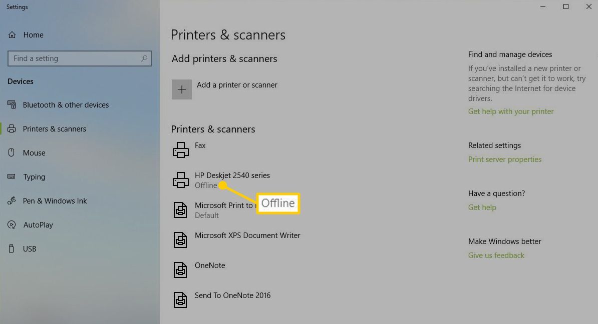 Отображение принтера в автономном режиме в Windows.