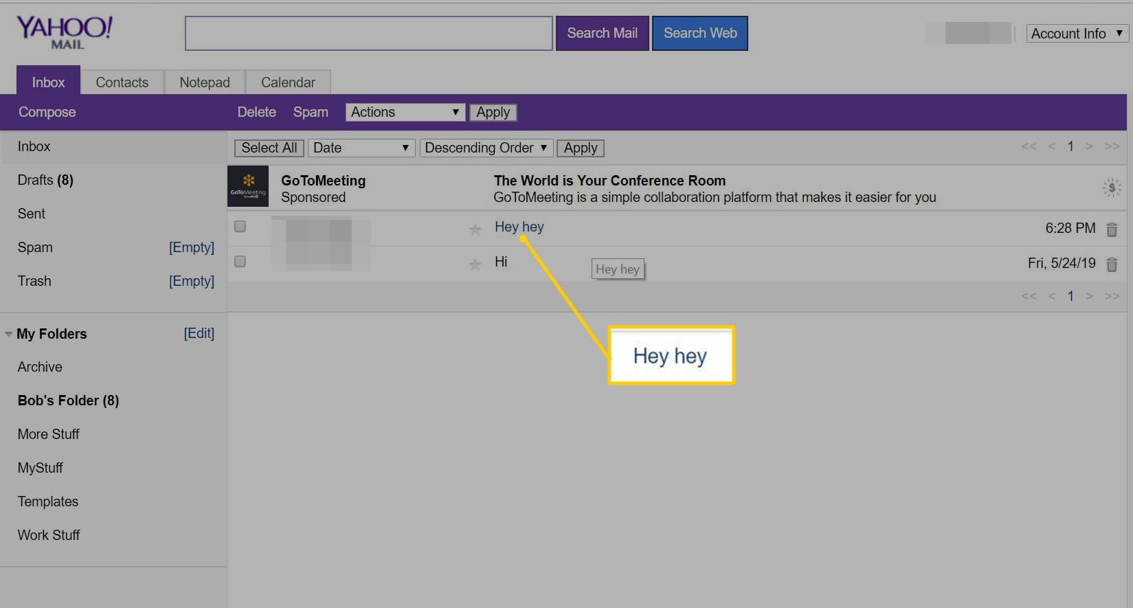 Выбранный адрес электронной почты в Yahoo Mail Basic