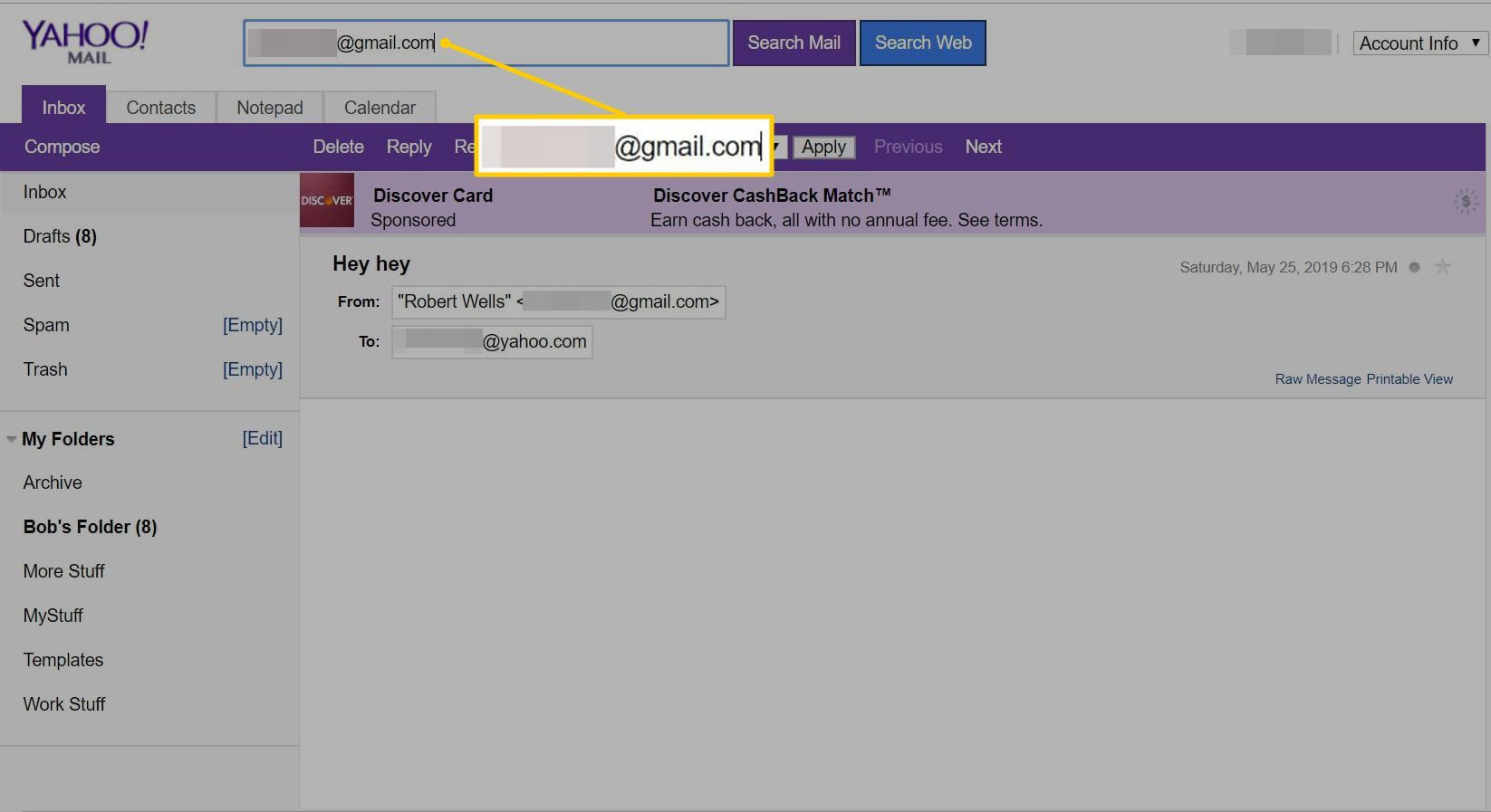 Поле поиска в Yahoo Mail basic