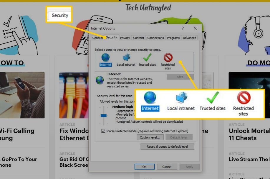 Вкладка «Безопасность» и зоны безопасности в Internet Explorer