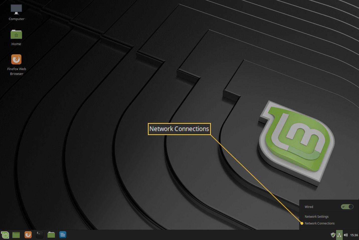 Снимок экрана всплывающего меню Cinnamon Desktop Network.