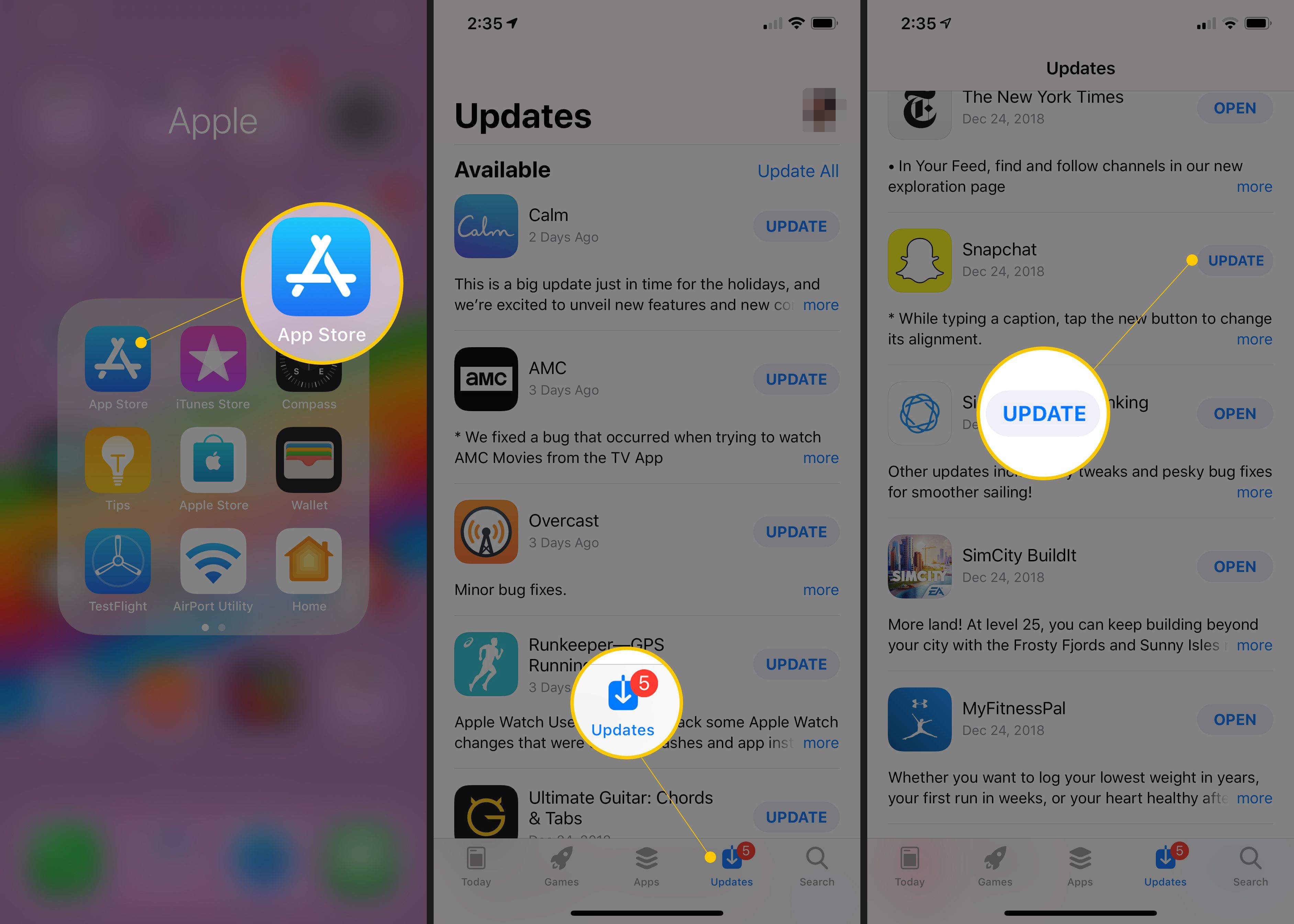 Три экрана iOS со значком App Store, кнопкой «Обновления» и кнопкой «Обновить Snapchat»