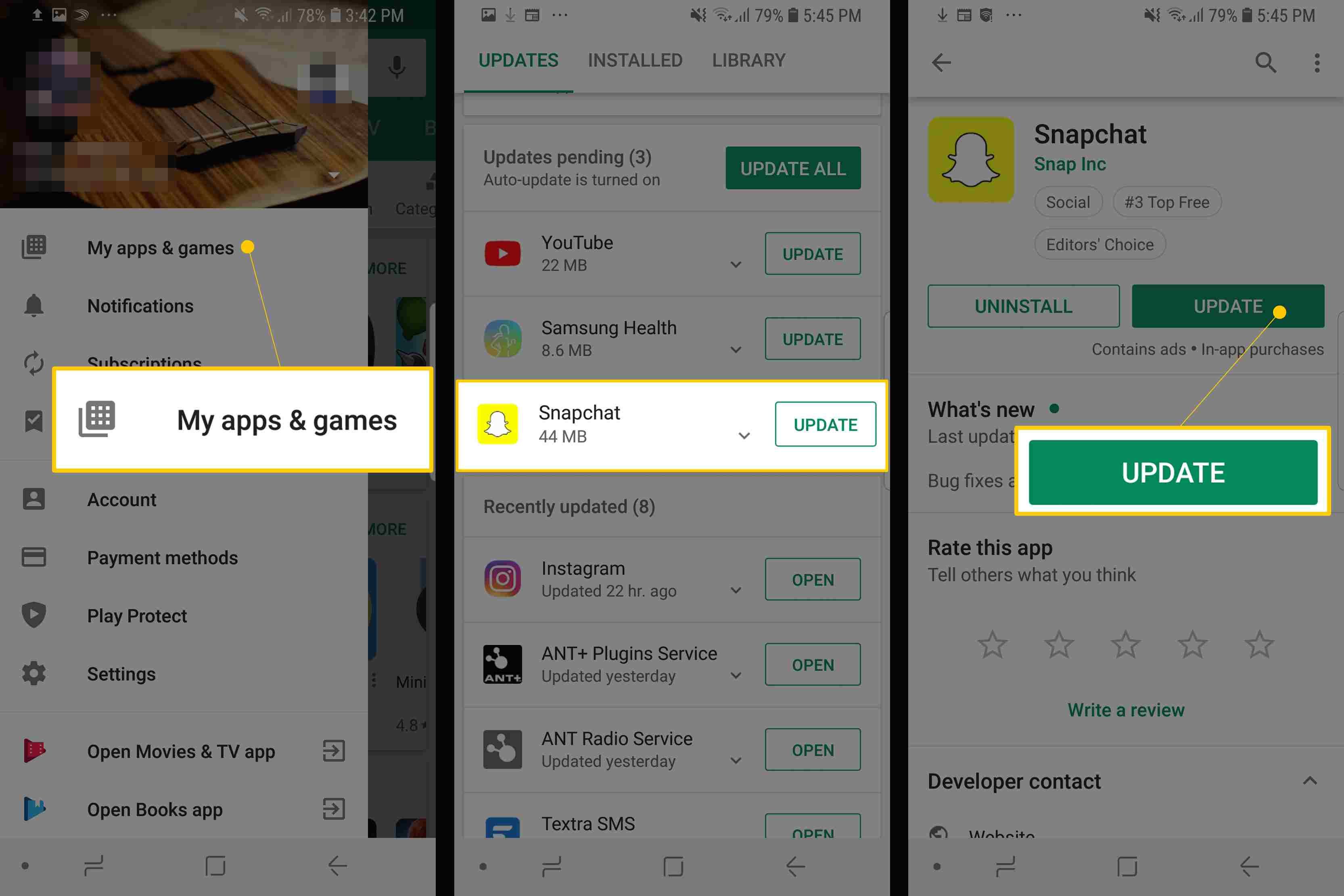 Три экрана Snapchat для Android, на которых отображаются «Мои приложения и игры», обновление «Snapchat» в списке и кнопка «Обновить»