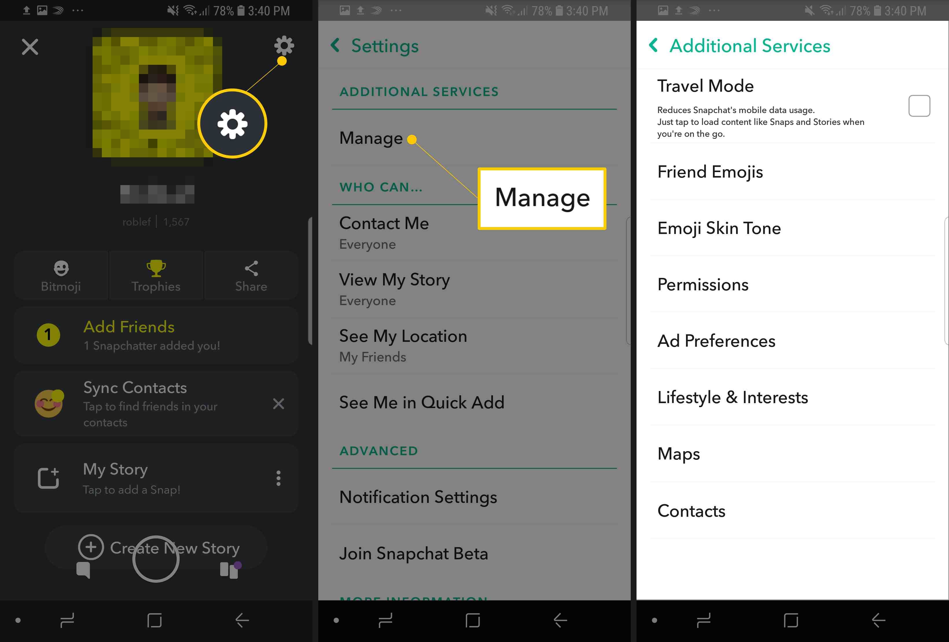 Три экрана Snapchat для Android с изображением шестеренки, кнопки «Управление» и страницы «Дополнительные услуги»