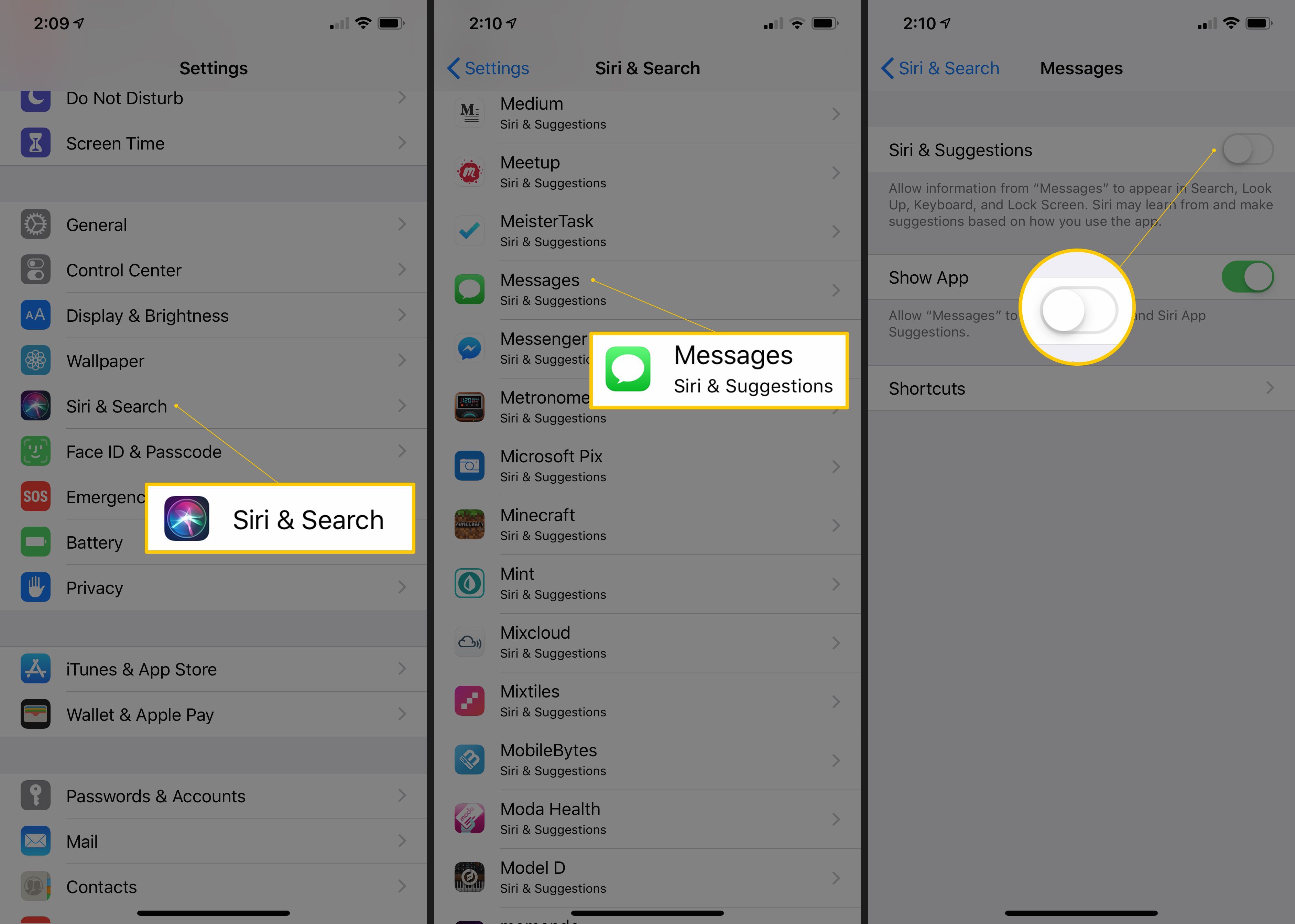 Три экрана iOS, показывающие Siri & Search, сообщения и Siri и предложения, переключаются на OFF