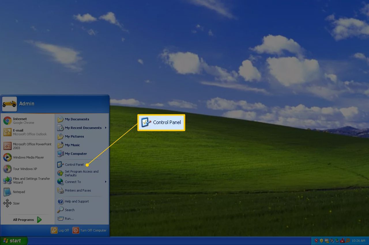 Значок панели управления в меню «Пуск» Windows XP