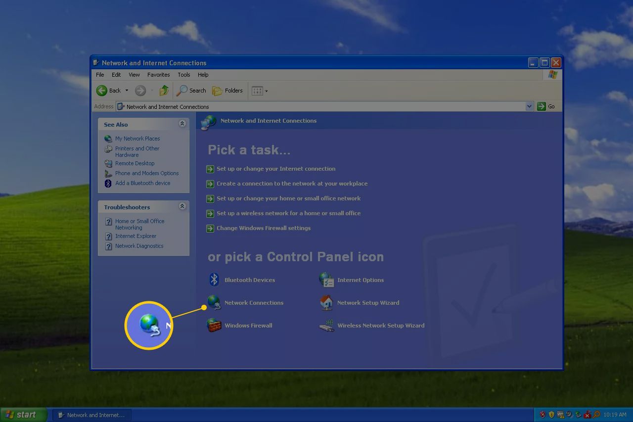 Значок сетевых подключений на панели управления Windows XP