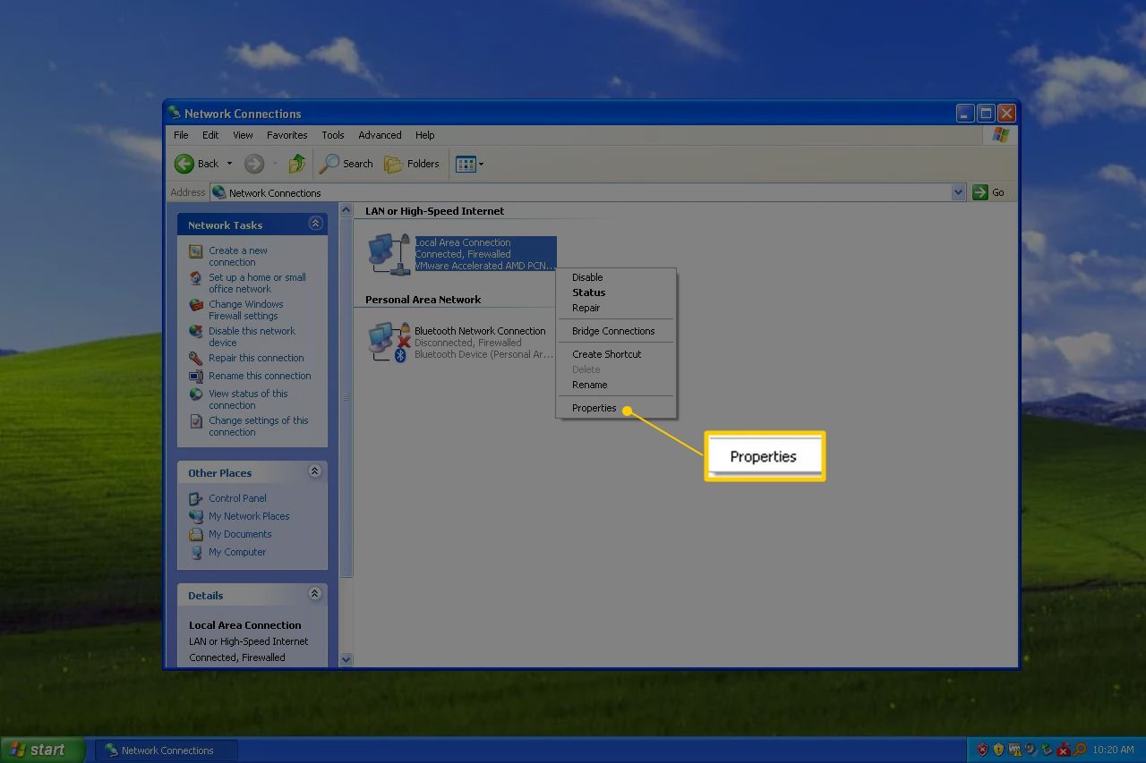 Пункт меню свойств сети Windows XP