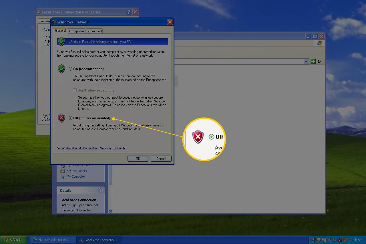 Брандмауэр Windows выключен (не рекомендуется) в Windows XP