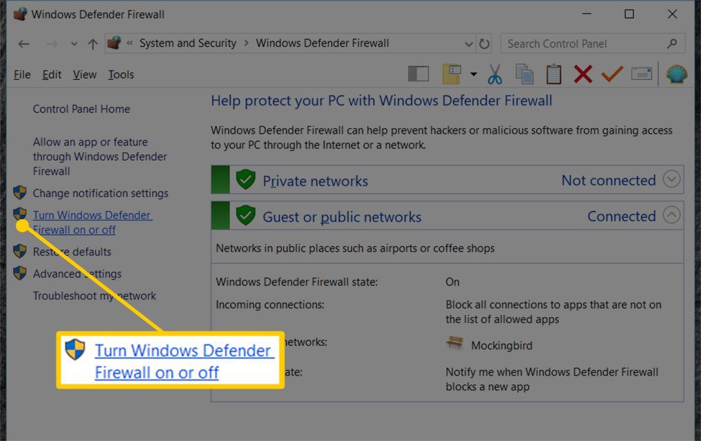 Подсветка снимка экрана Включите или выключите брандмауэр Защитника Windows в Windows 10