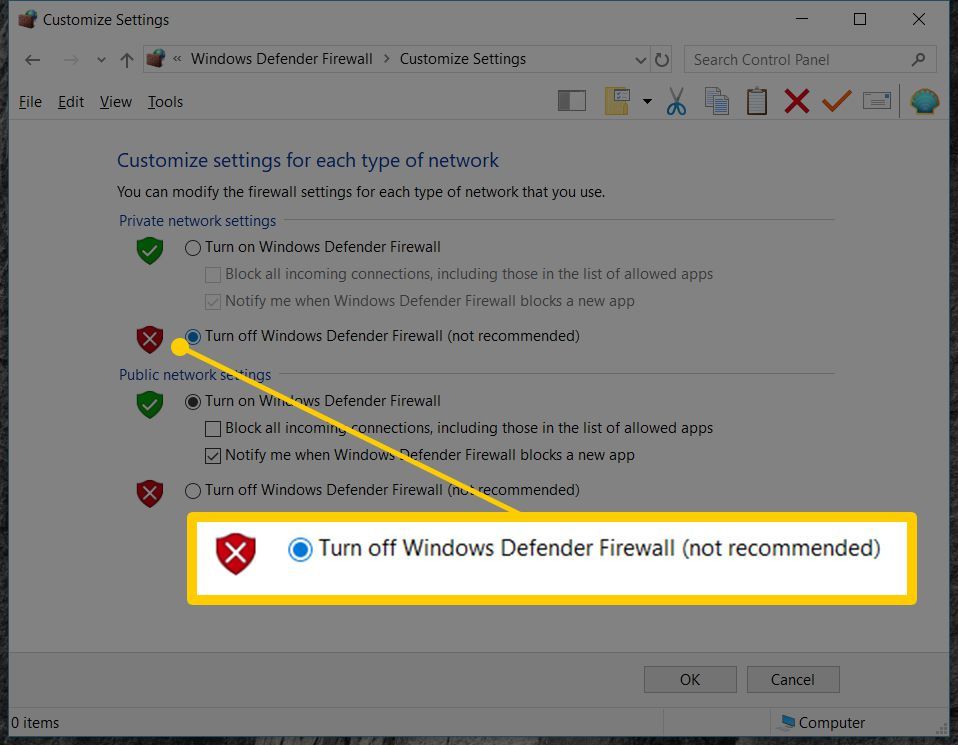 Снимок экрана с параметром «Отключить брандмауэр Защитника Windows (не рекомендуется)» в настройках Windows 10