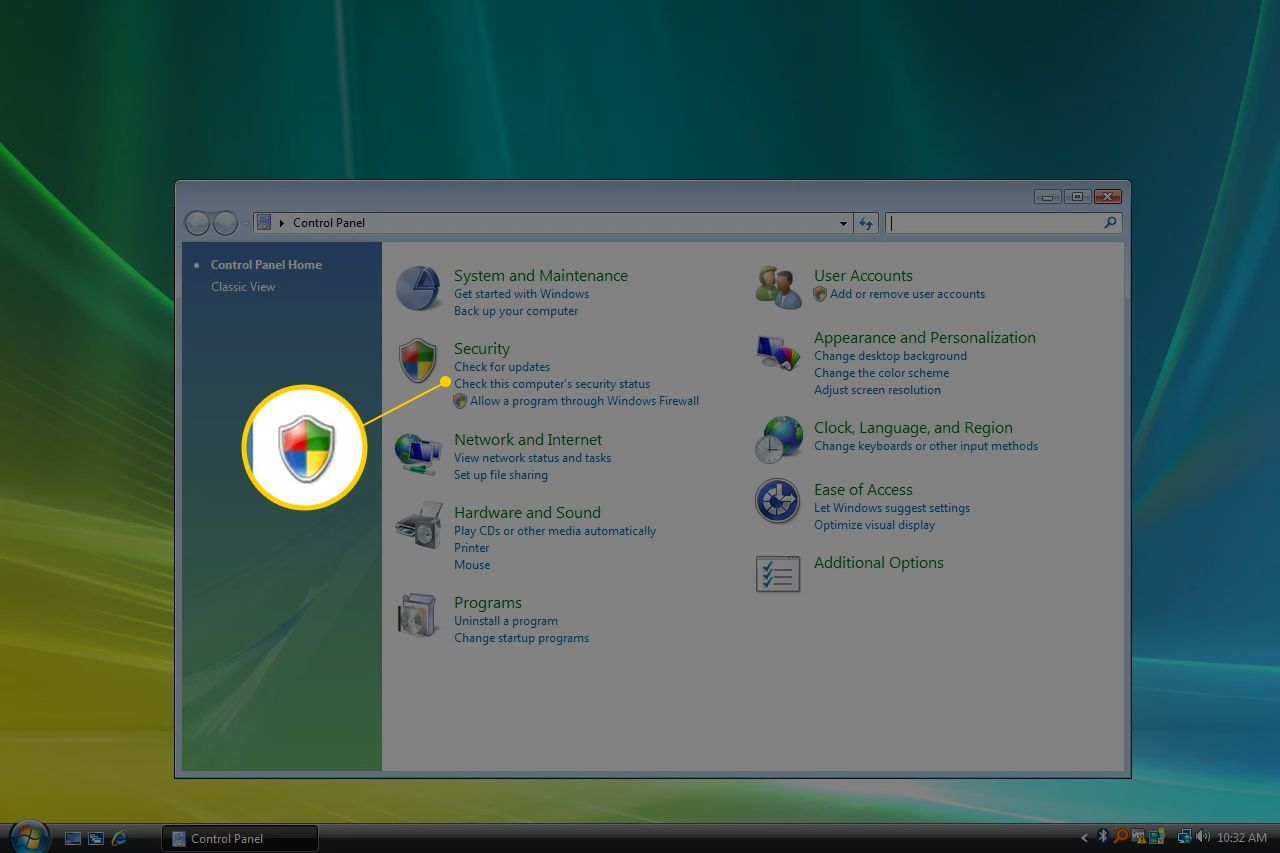 Значок безопасности в панели управления Windows Vista