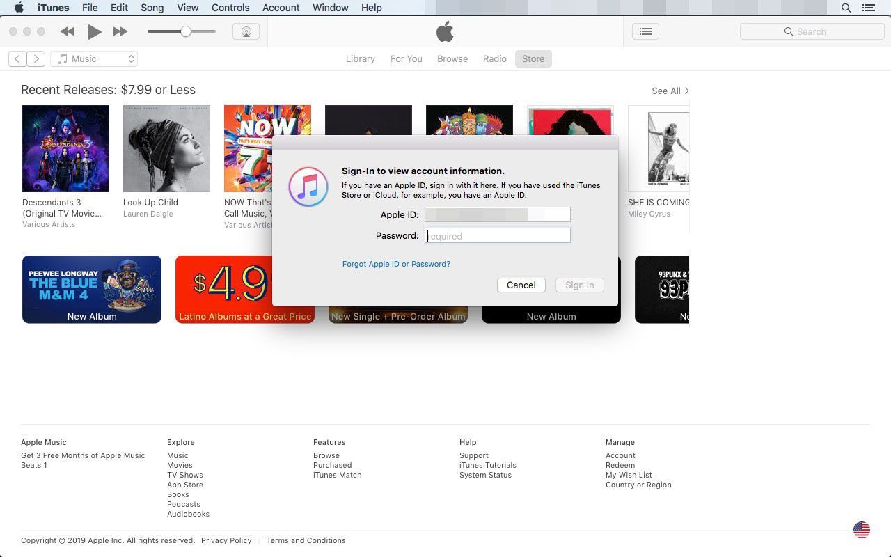 Экран входа в iTunes на Mac