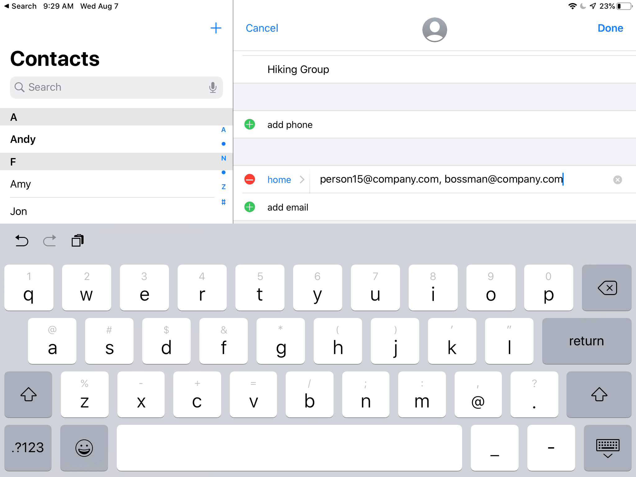 Адреса электронной почты в контакте iPad