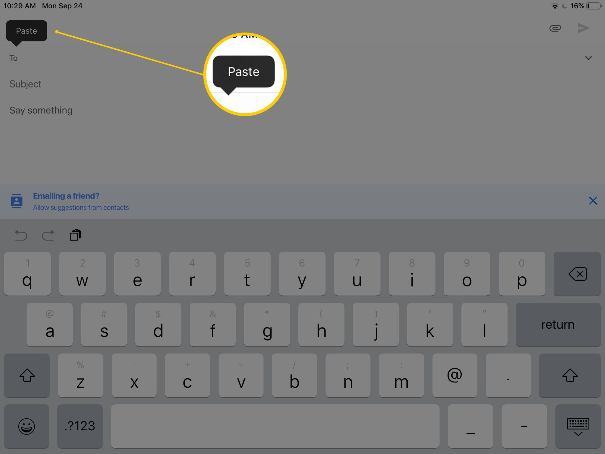 Кнопка «Вставить» в приложении Gmail Inbox на iPad