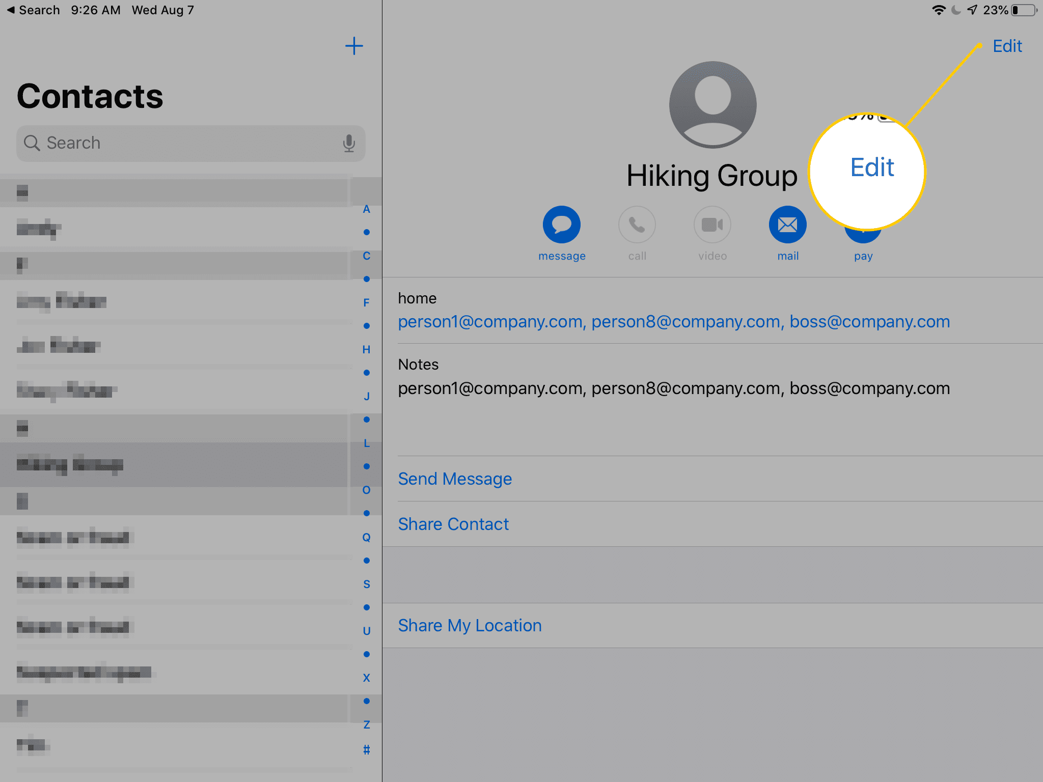 Кнопка «Изменить» на панели контактов приложения «Почта iPad»
