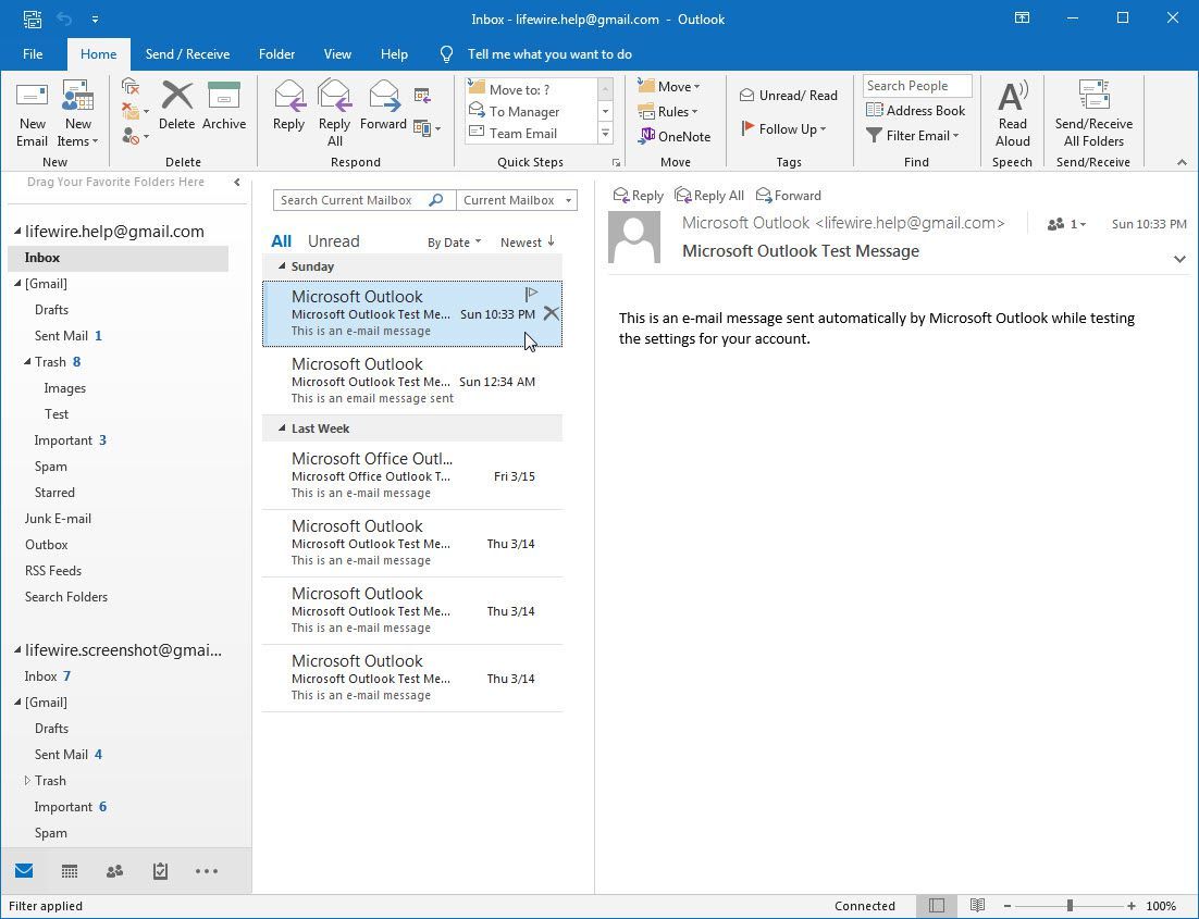 Outlook 2016 Home выбран в меню ленты с выбранным адресом электронной почты