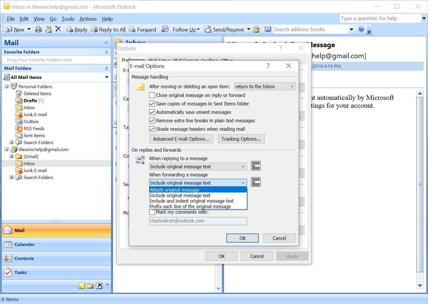 Окно параметров электронной почты Outlook 2007 с раскрывающимся списком по умолчанию