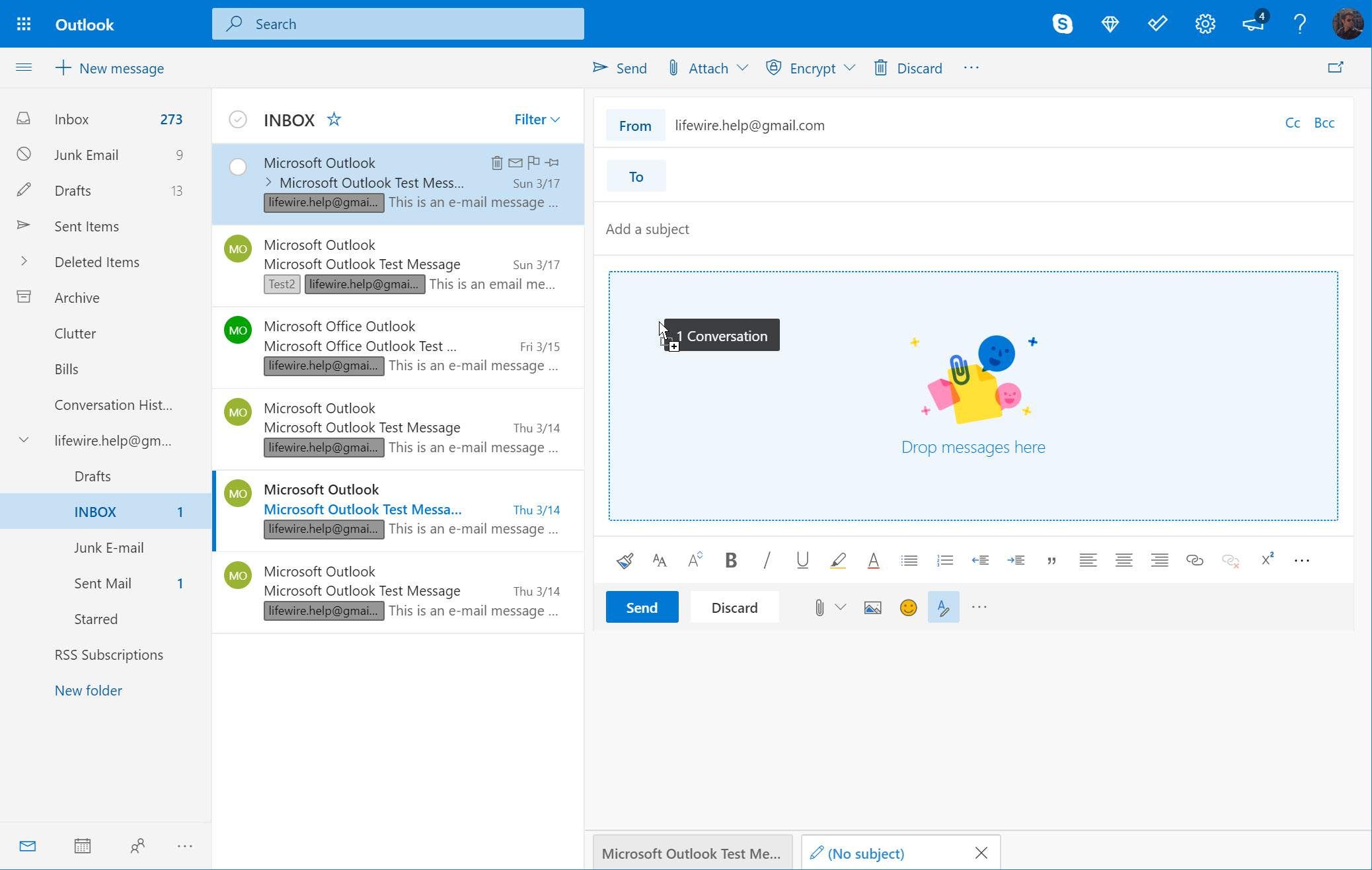 Outlook.com с перетаскиванием электронной почты в новое сообщение