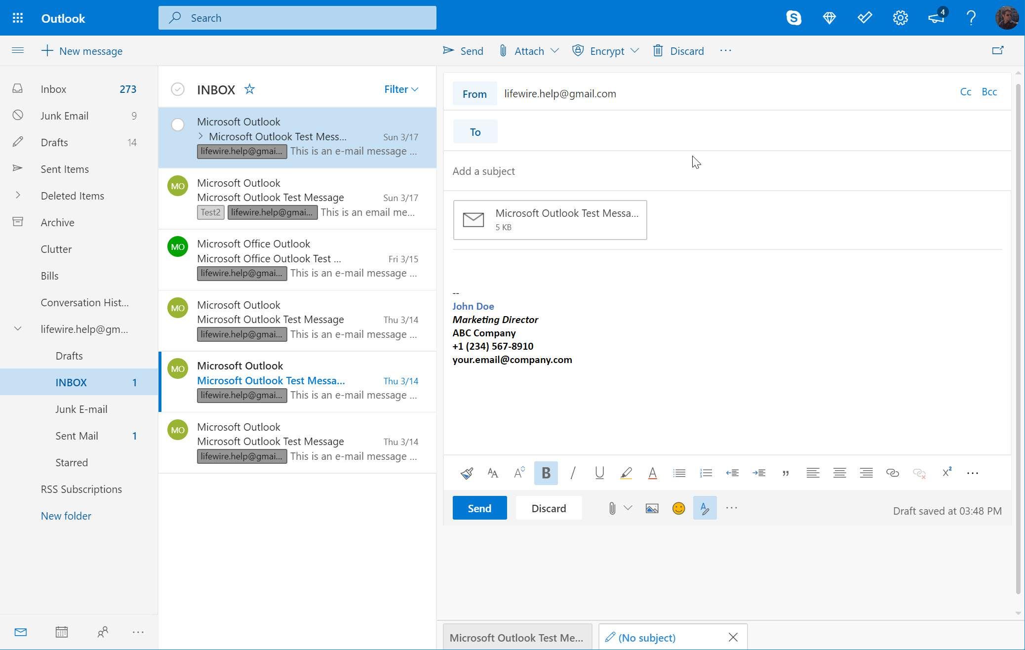 Outlook.com отображает новое сообщение с письмом в виде вложения