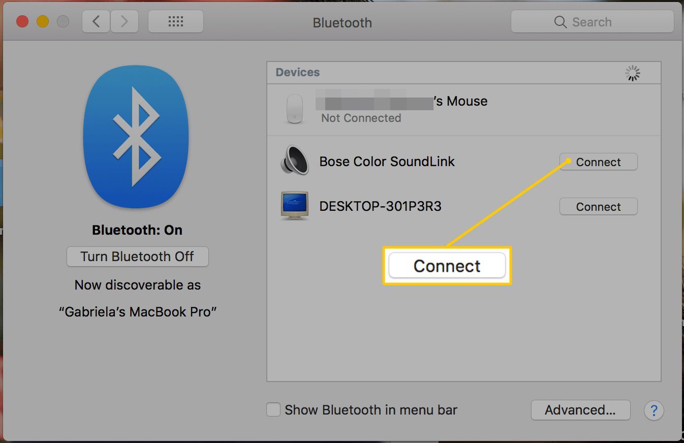 Кнопка подключения на MacOS Bluetooth