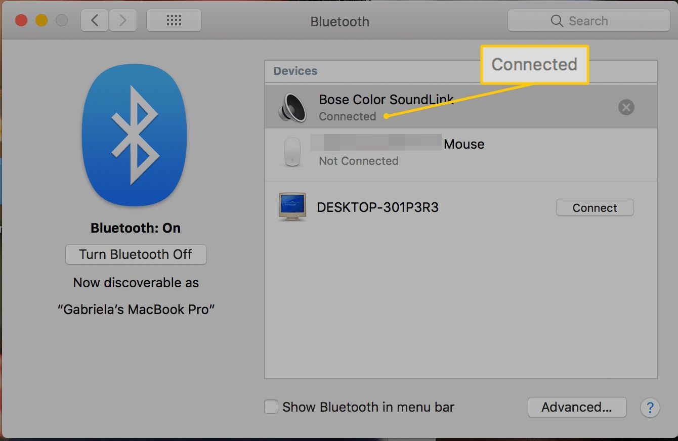 Состояние подключения для устройства Bluetooth в macOS