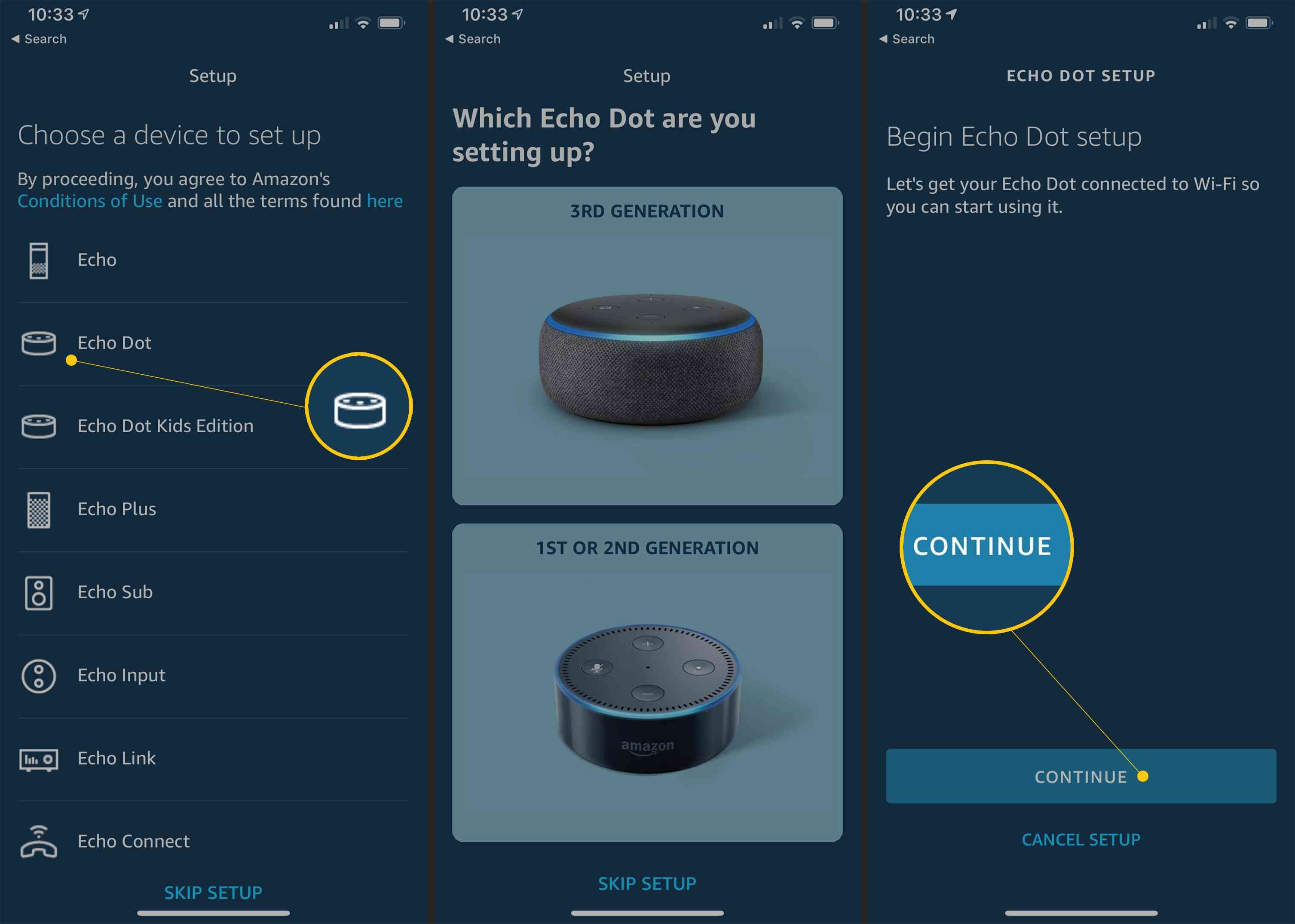 Echo Dot, экран выбора устройства и кнопка «Продолжить» в приложении настройки Alexa