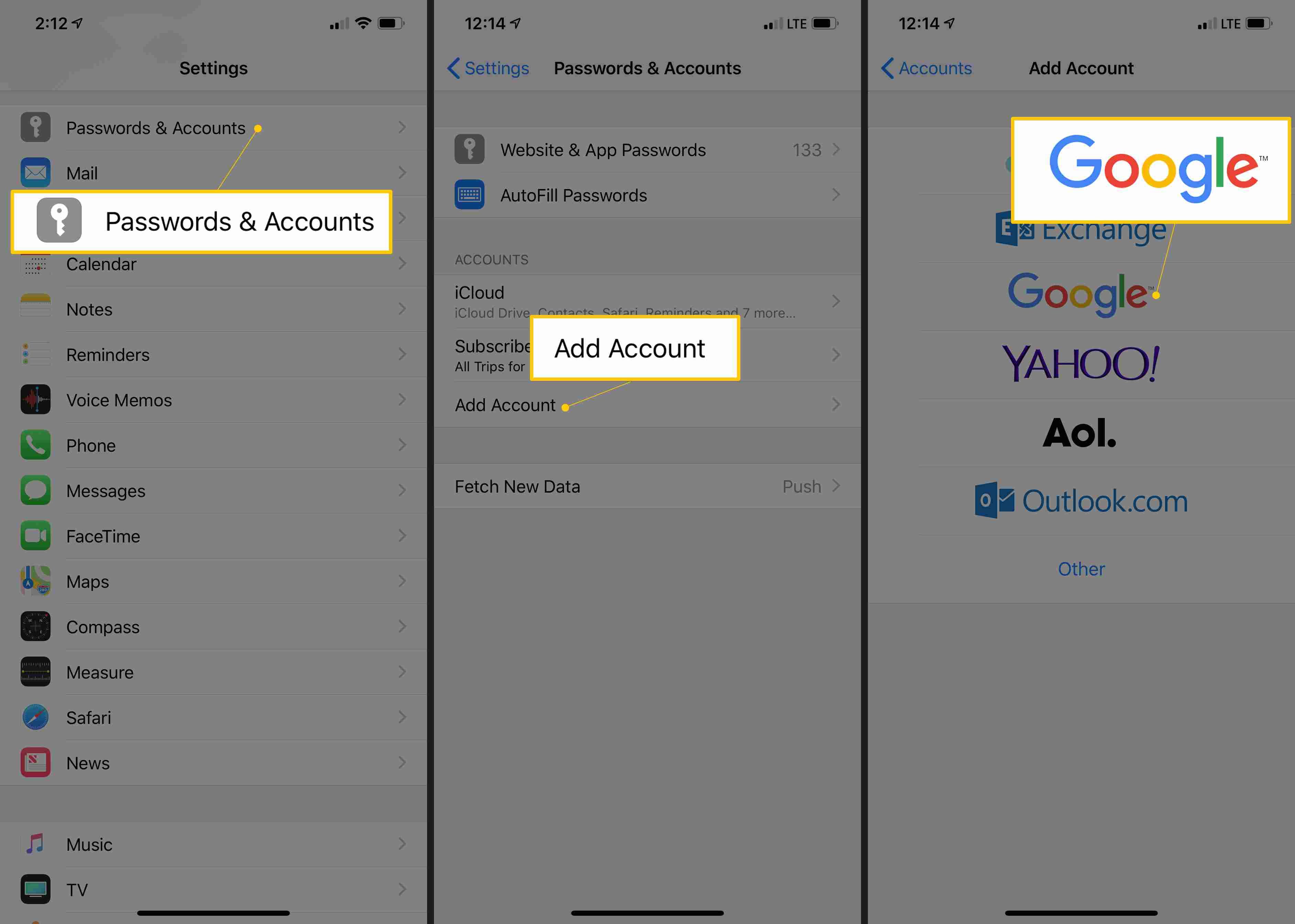 Пароли и учетные записи, Добавить учетную запись и кнопки Google в настройках iOS